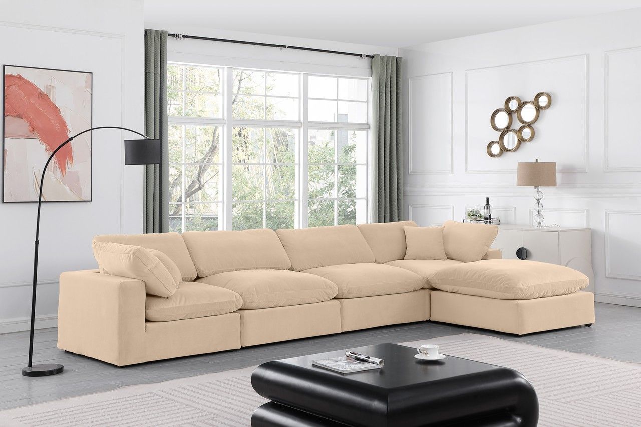 The appearance of Comfy Velvet 5 Piece Modular Sectional In Beige designed by Meridian in the modern / contemporary interior design. This beige piece of furniture  was selected by 1StopBedrooms from Comfy Collection to add a touch of cosiness and style into your home. Sku: 189Beige-Armless;189Beige-Armless;189Beige-Corner;189Beige-Corner;189Beige-Ott. Material: Velvet. Layout: Modular.