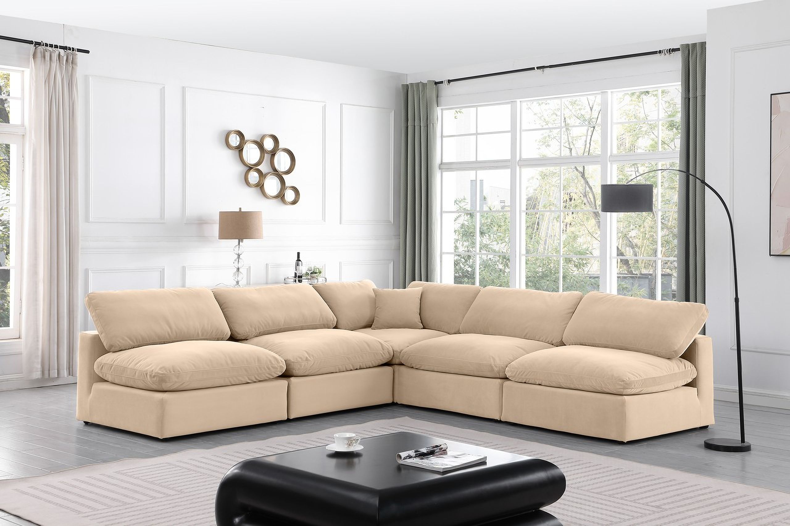 The appearance of Comfy Velvet 5 Piece Modular Sectional In Beige designed by Meridian in the modern / contemporary interior design. This beige piece of furniture  was selected by 1StopBedrooms from Comfy Collection to add a touch of cosiness and style into your home. Sku: 189Beige-Armless;189Beige-Armless;189Beige-Armless;189Beige-Armless;189Beige-Corner. Material: Velvet. Layout: Modular.