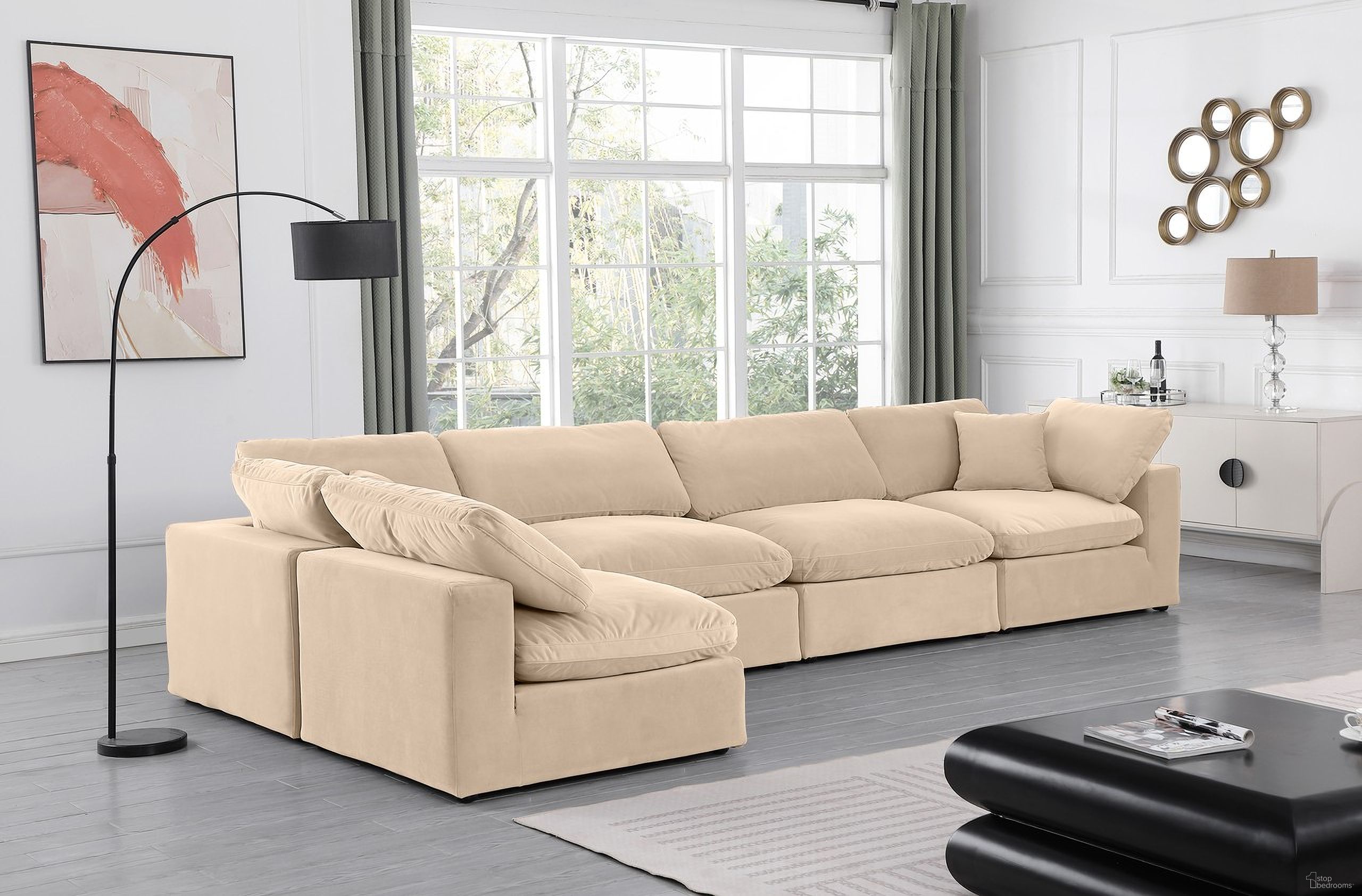 The appearance of Comfy Velvet 5 Piece Modular Sectional In Beige designed by Meridian in the modern / contemporary interior design. This beige piece of furniture  was selected by 1StopBedrooms from Comfy Collection to add a touch of cosiness and style into your home. Sku: 189Beige-Armless;189Beige-Armless;189Beige-Armless;189Beige-Corner;189Beige-Corner. Material: Velvet. Layout: Modular.