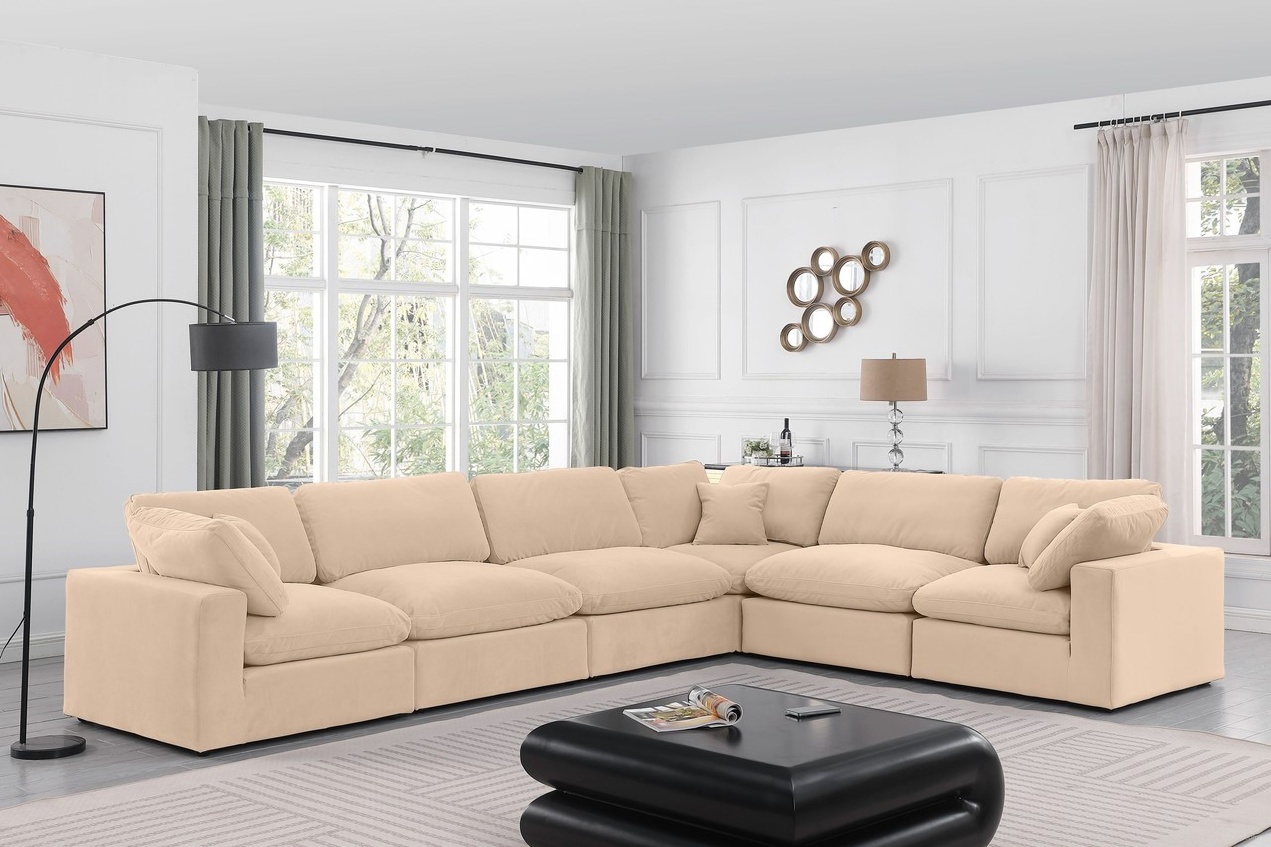 The appearance of Comfy Velvet 6 Piece Modular Sectional In Beige designed by Meridian in the modern / contemporary interior design. This beige piece of furniture  was selected by 1StopBedrooms from Comfy Collection to add a touch of cosiness and style into your home. Sku: 189Beige-Armless;189Beige-Armless;189Beige-Armless;189Beige-Corner;189Beige-Corner;189Beige-Corner. Material: Velvet. Layout: Modular.