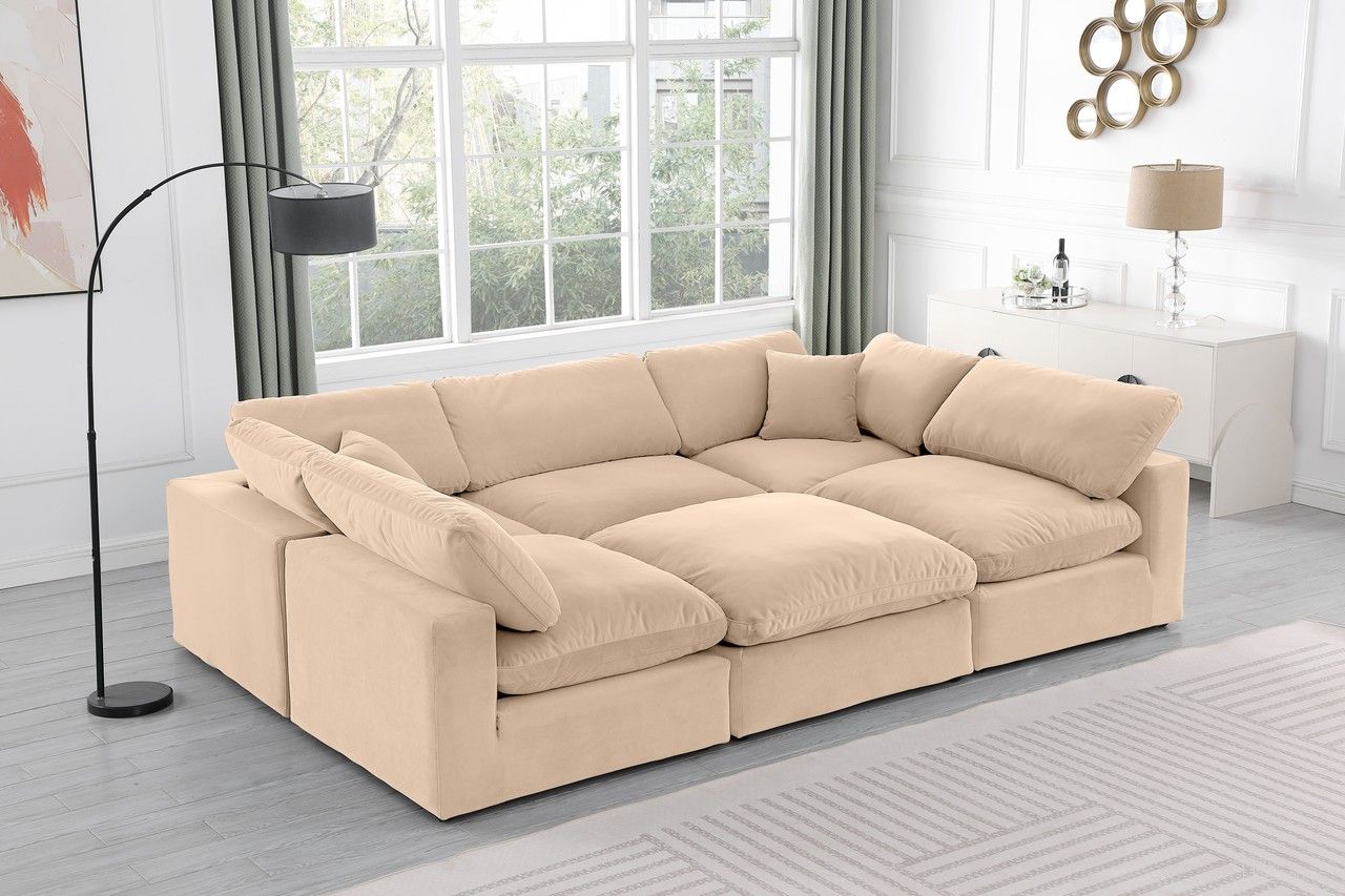 The appearance of Comfy Velvet 6 Piece Modular Sectional In Beige designed by Meridian in the modern / contemporary interior design. This beige piece of furniture  was selected by 1StopBedrooms from Comfy Collection to add a touch of cosiness and style into your home. Sku: 189Beige-Armless;189Beige-Armless;189Beige-Armless;189Beige-Corner;189Beige-Corner;189Beige-Ott. Material: Velvet. Layout: Modular.
