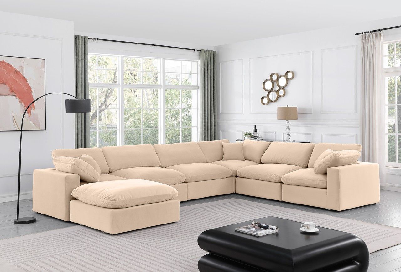 The appearance of Comfy Velvet 7 Piece Modular Sectional In Beige designed by Meridian in the modern / contemporary interior design. This beige piece of furniture  was selected by 1StopBedrooms from Comfy Collection to add a touch of cosiness and style into your home. Sku: 189Beige-Armless;189Beige-Armless;189Beige-Armless;189Beige-Corner;189Beige-Corner;189Beige-Corner;189Beige-Ott. Material: Velvet. Layout: Modular.