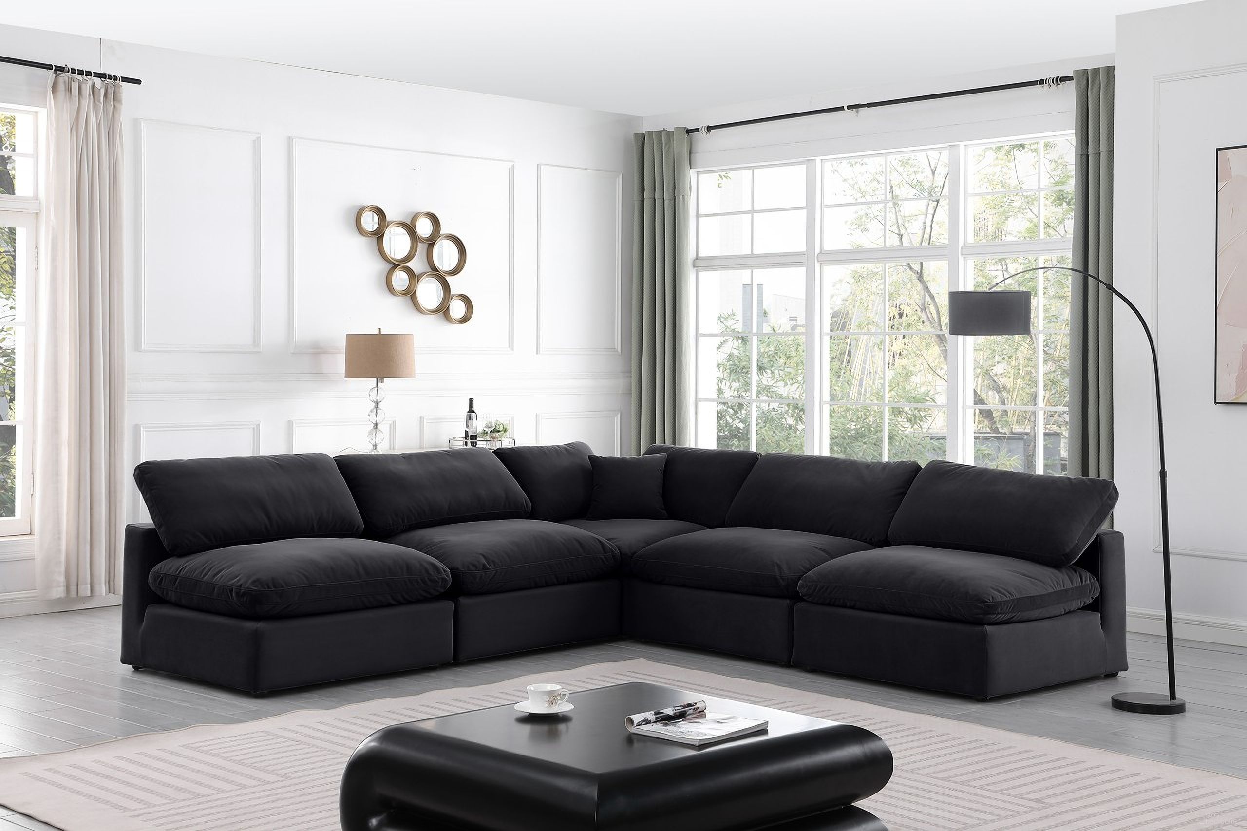 The appearance of Comfy Velvet 5 Piece Modular Sectional In Black designed by Meridian in the modern / contemporary interior design. This black piece of furniture was selected by 1StopBedrooms from Comfy Collection to add a touch of cosiness and style into your home. Sku: 189Black-Armless;189Black-Armless;189Black-Armless;189Black-Armless;189Black-Corner. Material: Velvet. Layout: Modular.