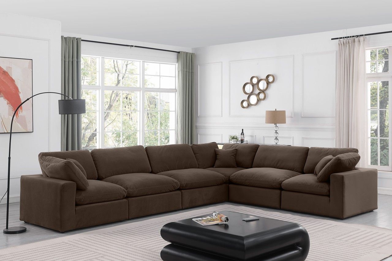 The appearance of Comfy Velvet 6 Piece Modular Sectional In Brown designed by Meridian in the modern / contemporary interior design. This brown piece of furniture  was selected by 1StopBedrooms from Comfy Collection to add a touch of cosiness and style into your home. Sku: 189Brown-Armless;189Brown-Armless;189Brown-Armless;189Brown-Corner;189Brown-Corner;189Brown-Corner. Material: Velvet. Layout: Modular.