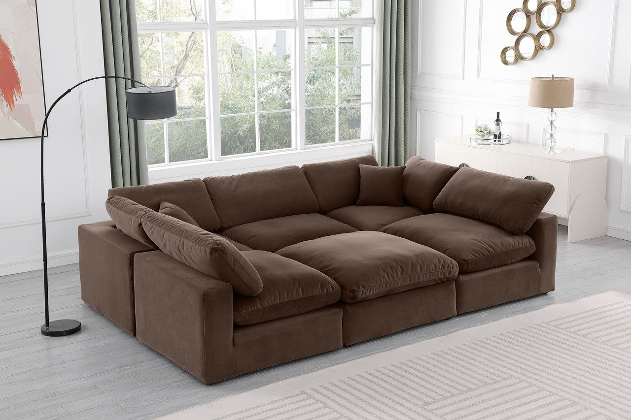The appearance of Comfy Velvet 6 Piece Modular Sectional In Brown designed by Meridian in the modern / contemporary interior design. This brown piece of furniture  was selected by 1StopBedrooms from Comfy Collection to add a touch of cosiness and style into your home. Sku: 189Brown-Armless;189Brown-Armless;189Brown-Armless;189Brown-Corner;189Brown-Corner;189Brown-Ott. Material: Velvet. Layout: Modular.