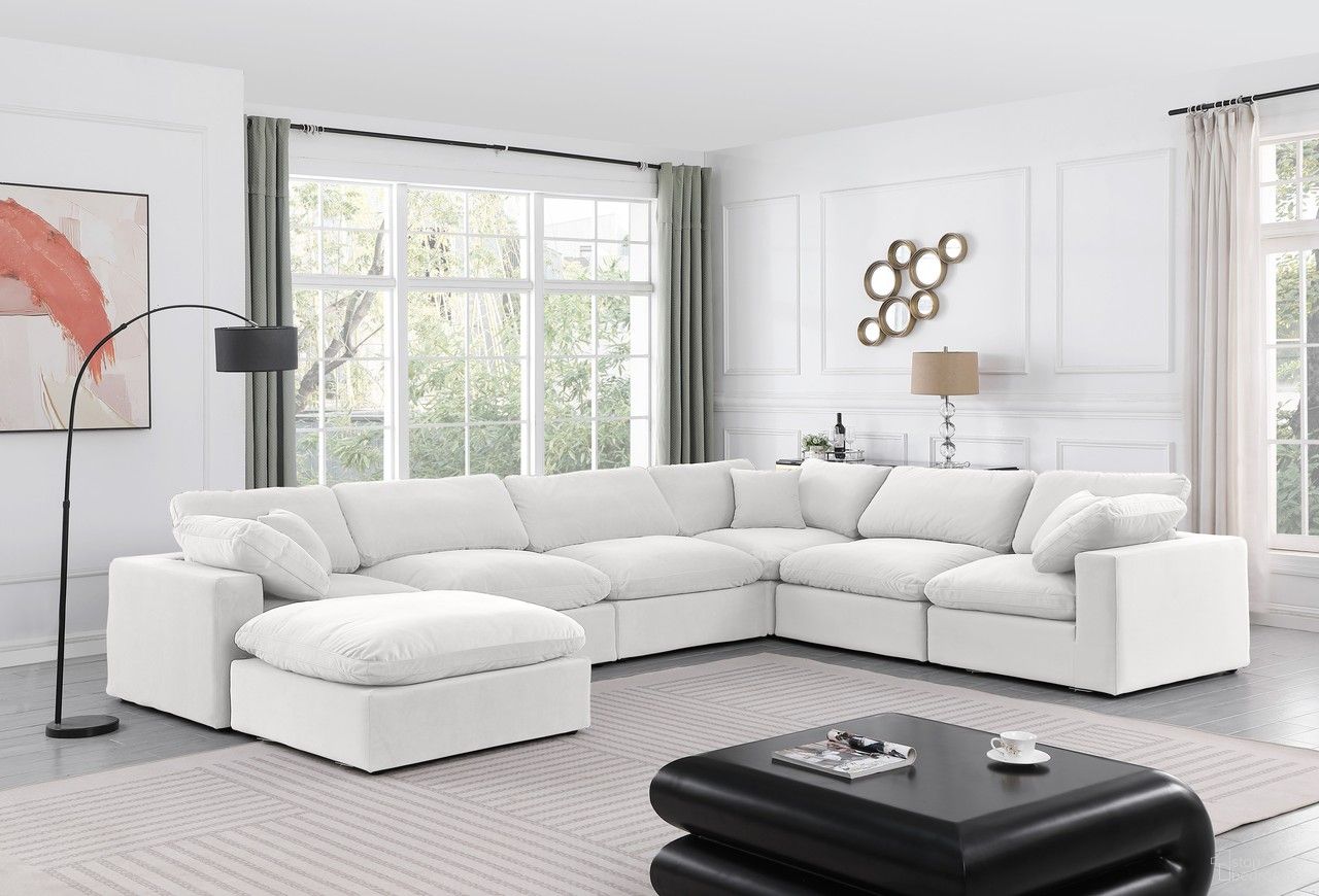 The appearance of Comfy Velvet 7 Piece Modular Sectional In Cream designed by Meridian in the modern / contemporary interior design. This cream piece of furniture was selected by 1StopBedrooms from Comfy Collection to add a touch of cosiness and style into your home. Sku: 189Cream-Armless;189Cream-Armless;189Cream-Armless;189Cream-Corner;189Cream-Corner;189Cream-Corner;189Cream-Ott. Material: Velvet. Layout: Modular.
