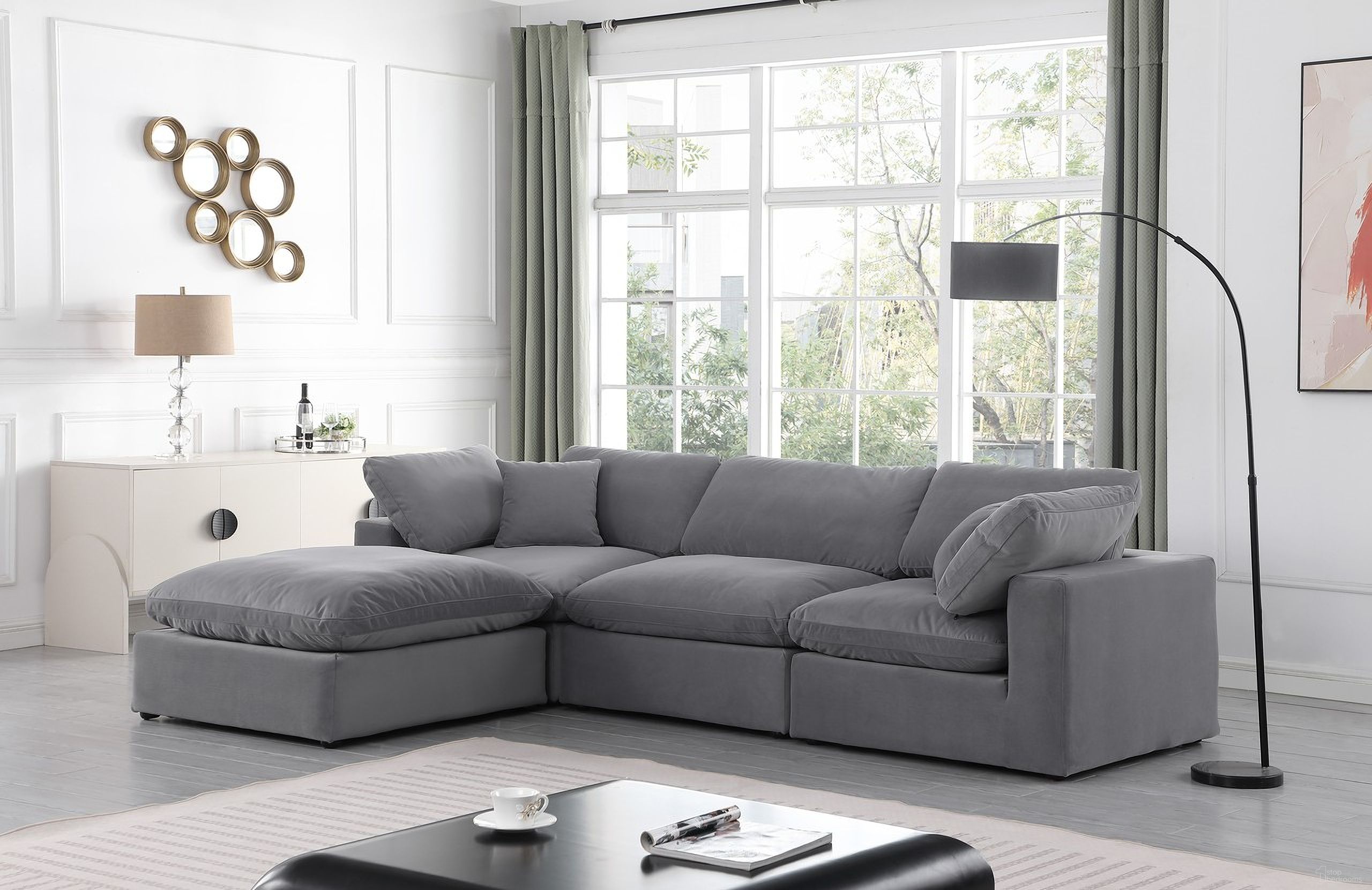 The appearance of Comfy Velvet 4 Piece Modular Sectional In Grey designed by Meridian in the modern / contemporary interior design. This grey piece of furniture  was selected by 1StopBedrooms from Comfy Collection to add a touch of cosiness and style into your home. Sku: 189Grey-Armless;189Grey-Corner;189Grey-Corner;189Grey-Ott. Material: Velvet. Layout: Modular.