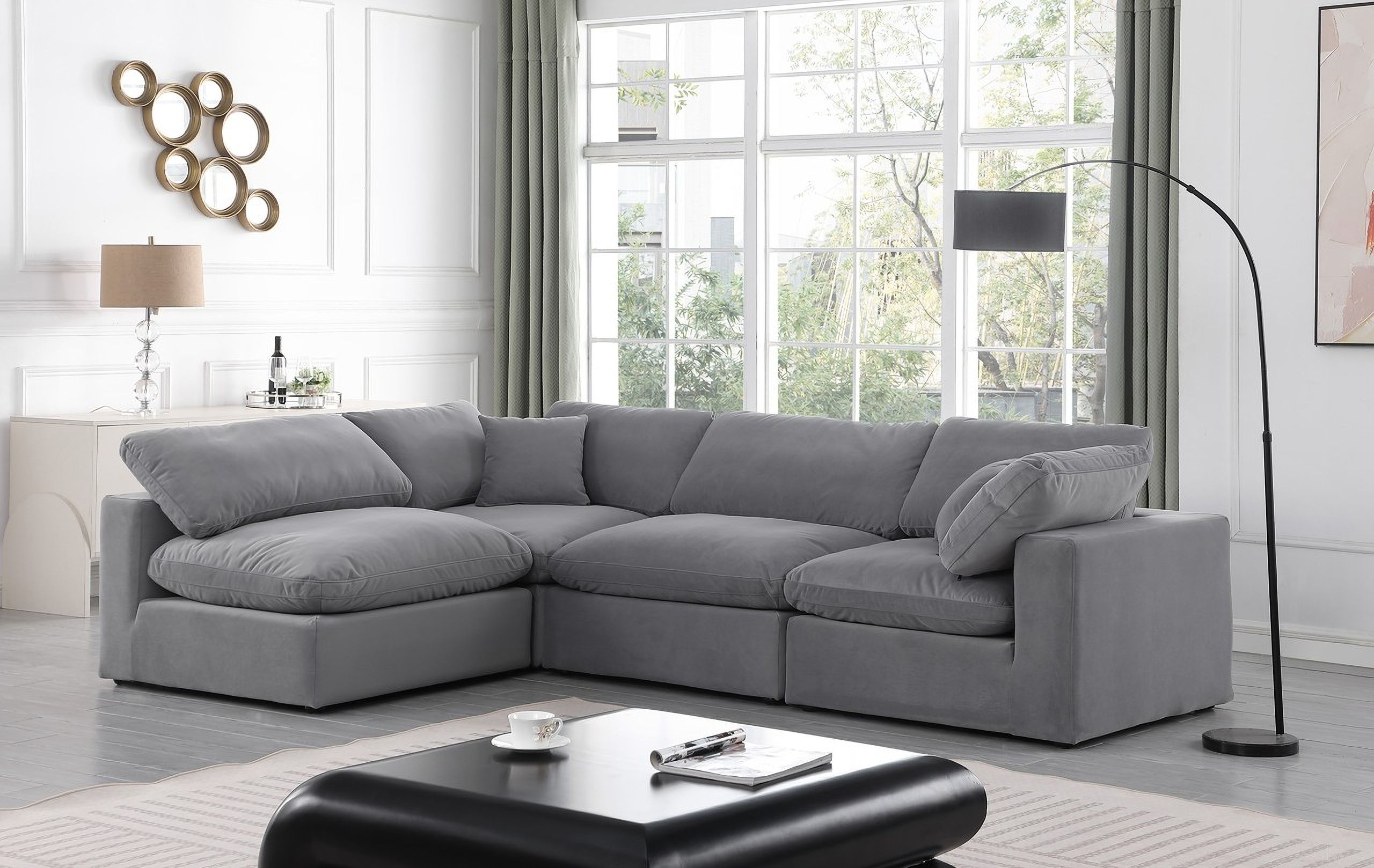 The appearance of Comfy Velvet 4 Piece Modular Sectional In Grey designed by Meridian in the modern / contemporary interior design. This grey piece of furniture  was selected by 1StopBedrooms from Comfy Collection to add a touch of cosiness and style into your home. Sku: 189Grey-Armless;189Grey-Armless;189Grey-Corner;189Grey-Corner. Material: Velvet. Layout: Modular.