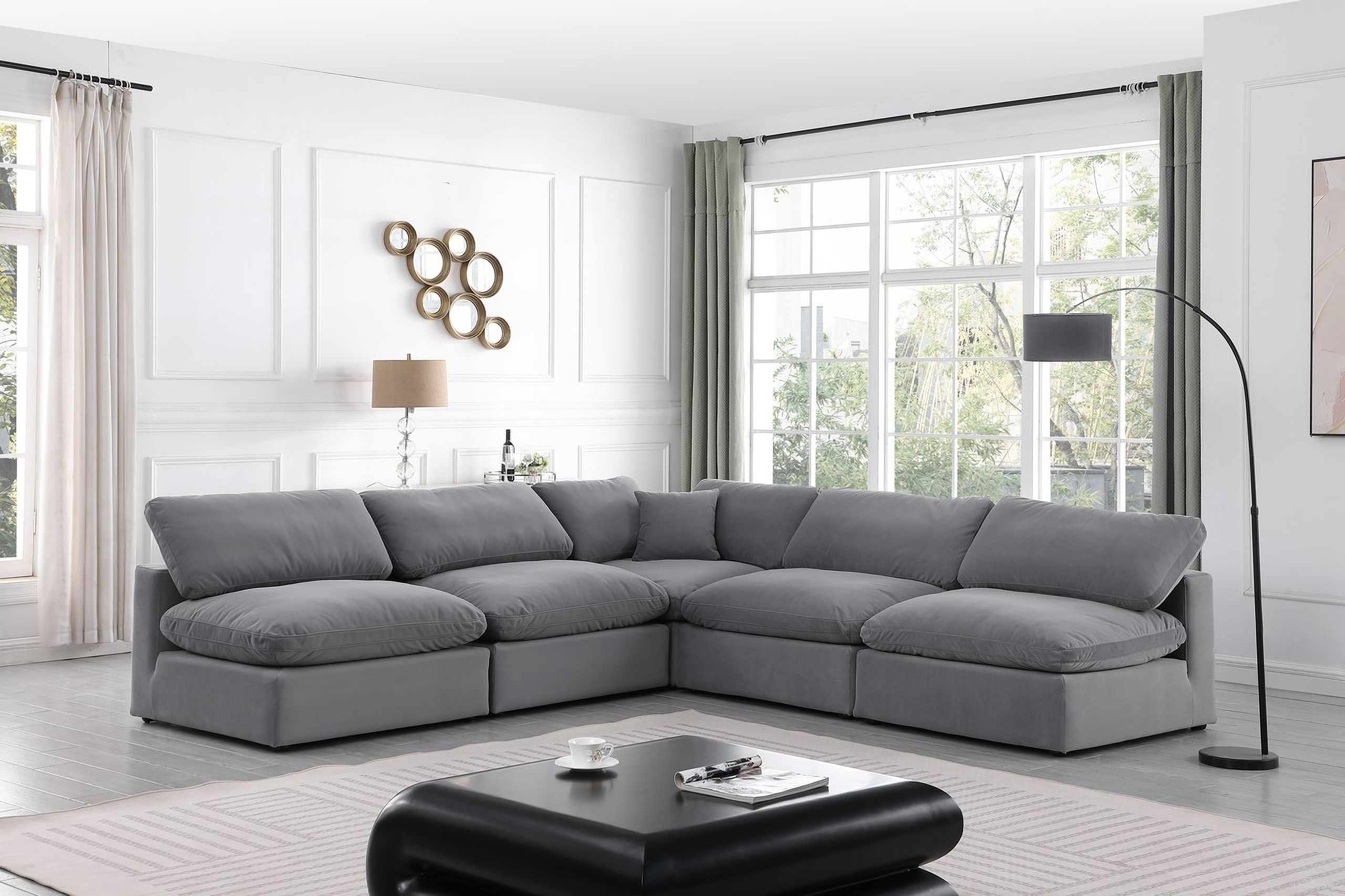 Comfy Velvet 5 Piece Modular Sectional In Grey