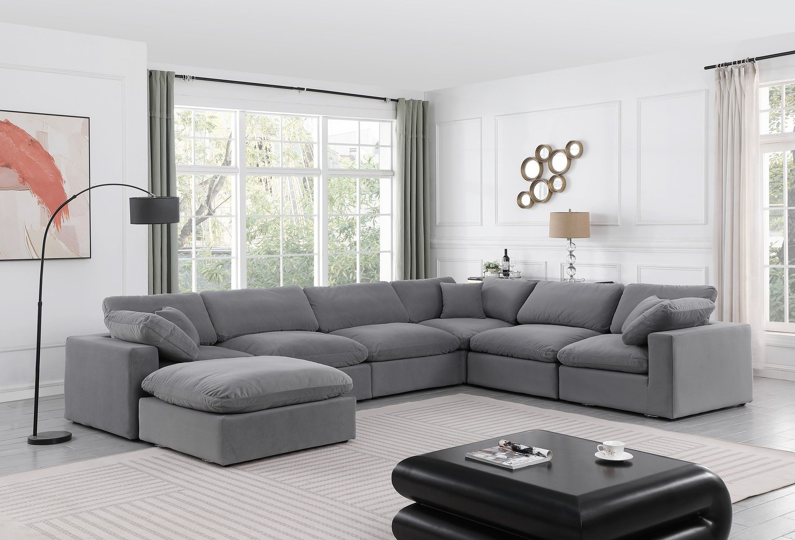 The appearance of Comfy Velvet 7 Piece Modular Sectional In Grey designed by Meridian in the modern / contemporary interior design. This grey piece of furniture was selected by 1StopBedrooms from Comfy Collection to add a touch of cosiness and style into your home. Sku: 189Grey-Armless;189Grey-Armless;189Grey-Armless;189Grey-Corner;189Grey-Corner;189Grey-Corner;189Grey-Ott. Material: Velvet. Layout: Modular.