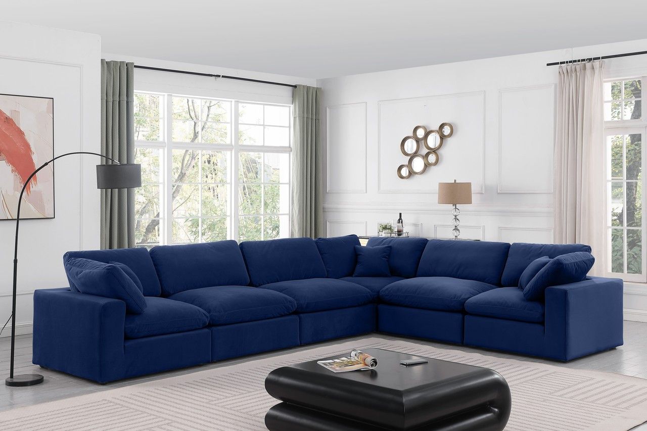 The appearance of Comfy Velvet 6 Piece Modular Sectional In Navy designed by Meridian in the modern / contemporary interior design. This navy piece of furniture was selected by 1StopBedrooms from Comfy Collection to add a touch of cosiness and style into your home. Sku: 189Navy-Armless;189Navy-Armless;189Navy-Armless;189Navy-Corner;189Navy-Corner;189Navy-Corner. Material: Velvet. Layout: Modular.