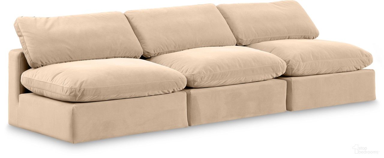 The appearance of Comfy Velvet 3 Piece Modular Sofa In Beige and Espresso designed by Meridian in the modern / contemporary interior design. This beige piece of furniture  was selected by 1StopBedrooms from Comfy Collection to add a touch of cosiness and style into your home. Sku: 189Beige-Armless;189Beige-Armless;189Beige-Armless. Material: Velvet.