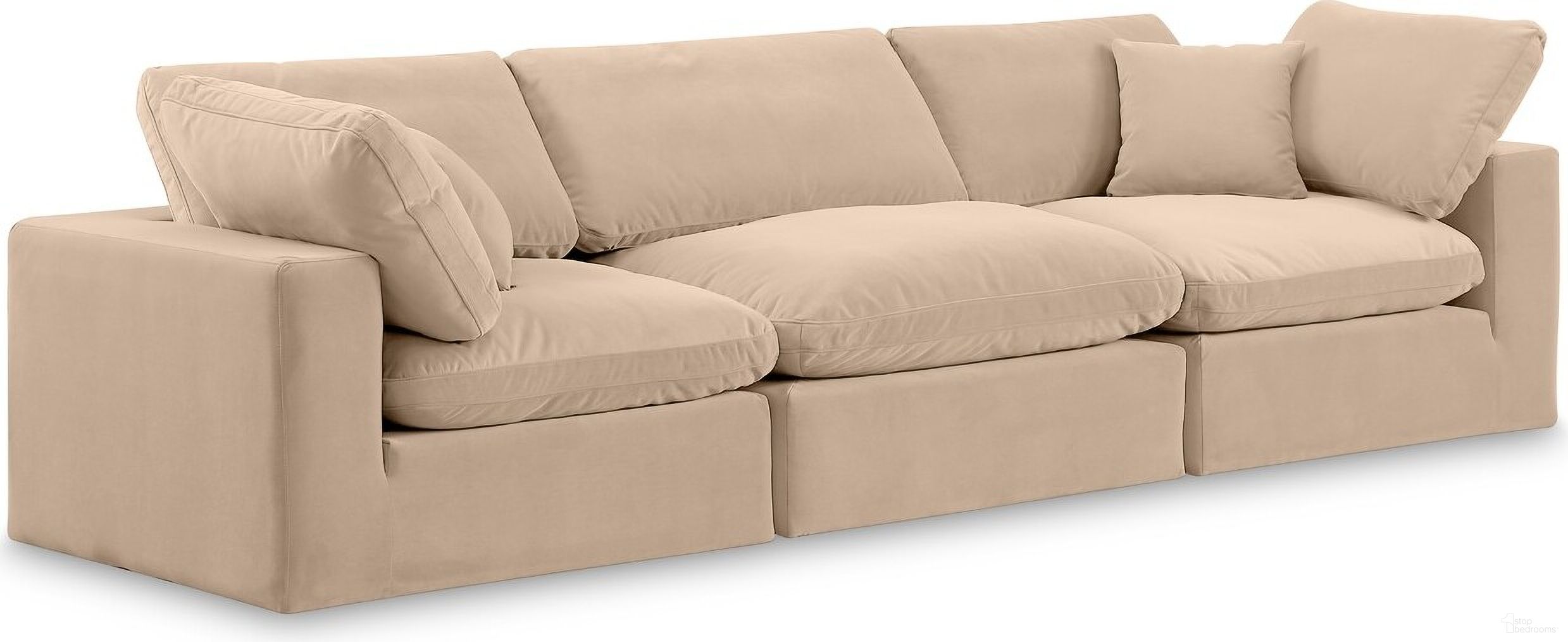 The appearance of Comfy Velvet 3 Seater Modular Sofa with Arm Support In Beige designed by Meridian in the modern / contemporary interior design. This beige piece of furniture  was selected by 1StopBedrooms from Comfy Collection to add a touch of cosiness and style into your home. Sku: 189Beige-Armless;189Beige-Corner;189Beige-Corner. Material: Velvet.