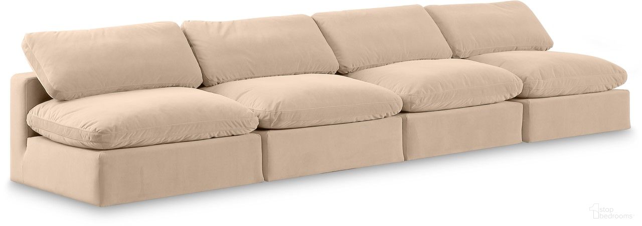 The appearance of Comfy Velvet 4 Piece Modular Sofa In Beige and Espresso designed by Meridian in the modern / contemporary interior design. This beige piece of furniture  was selected by 1StopBedrooms from Comfy Collection to add a touch of cosiness and style into your home. Sku: 189Beige-Armless;189Beige-Armless;189Beige-Armless;189Beige-Armless. Material: Velvet.