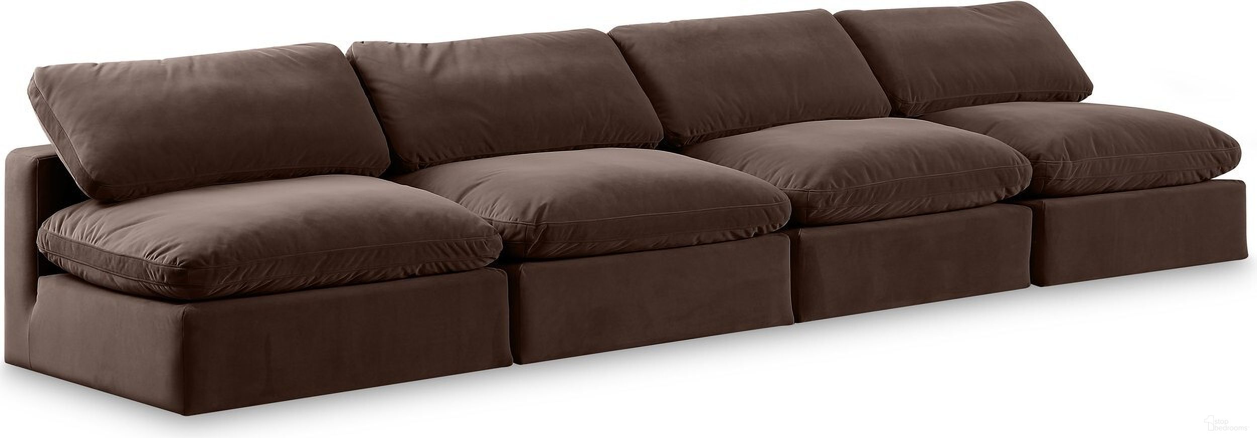 The appearance of Comfy Velvet 4 Piece Modular Sofa In Brown and Espresso designed by Meridian in the modern / contemporary interior design. This brown piece of furniture was selected by 1StopBedrooms from Comfy Collection to add a touch of cosiness and style into your home. Sku: 189Brown-Armless;189Brown-Armless;189Brown-Armless;189Brown-Armless. Material: Velvet.