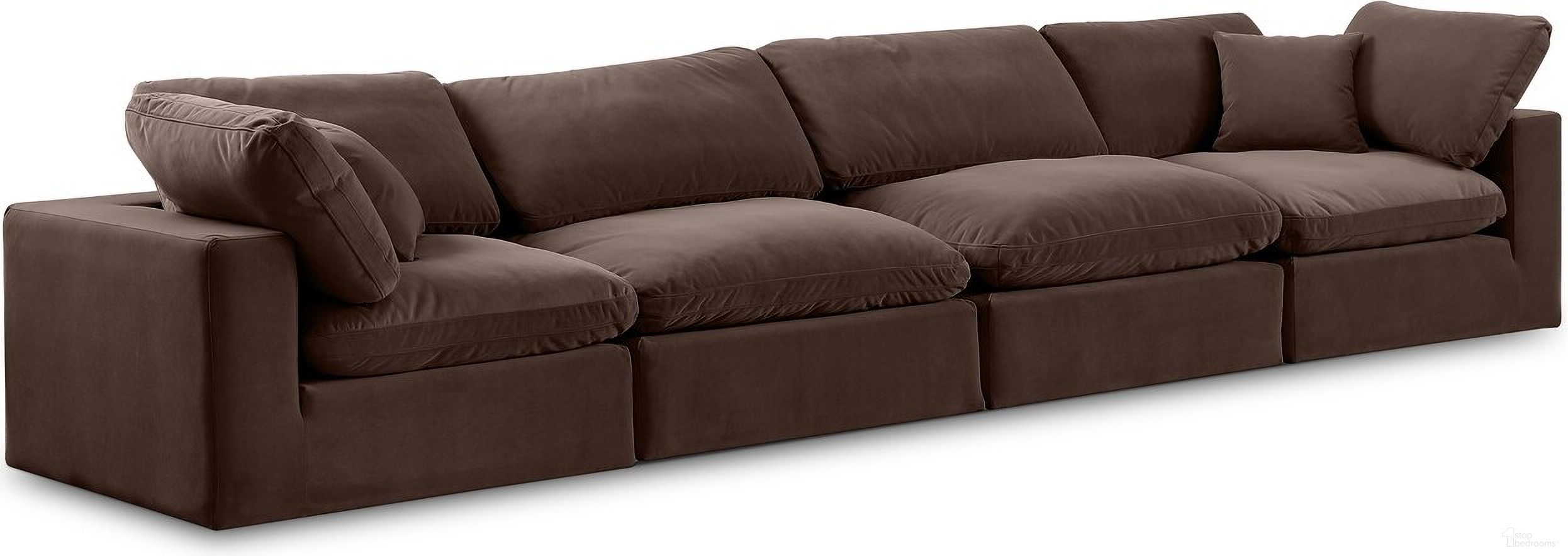 The appearance of Comfy Velvet 4 Seater Modular Sofa with Arm Support In Brown designed by Meridian in the modern / contemporary interior design. This brown piece of furniture was selected by 1StopBedrooms from Comfy Collection to add a touch of cosiness and style into your home. Sku: 189Brown-Armless;189Brown-Armless;189Brown-Corner;189Brown-Corner. Material: Velvet.