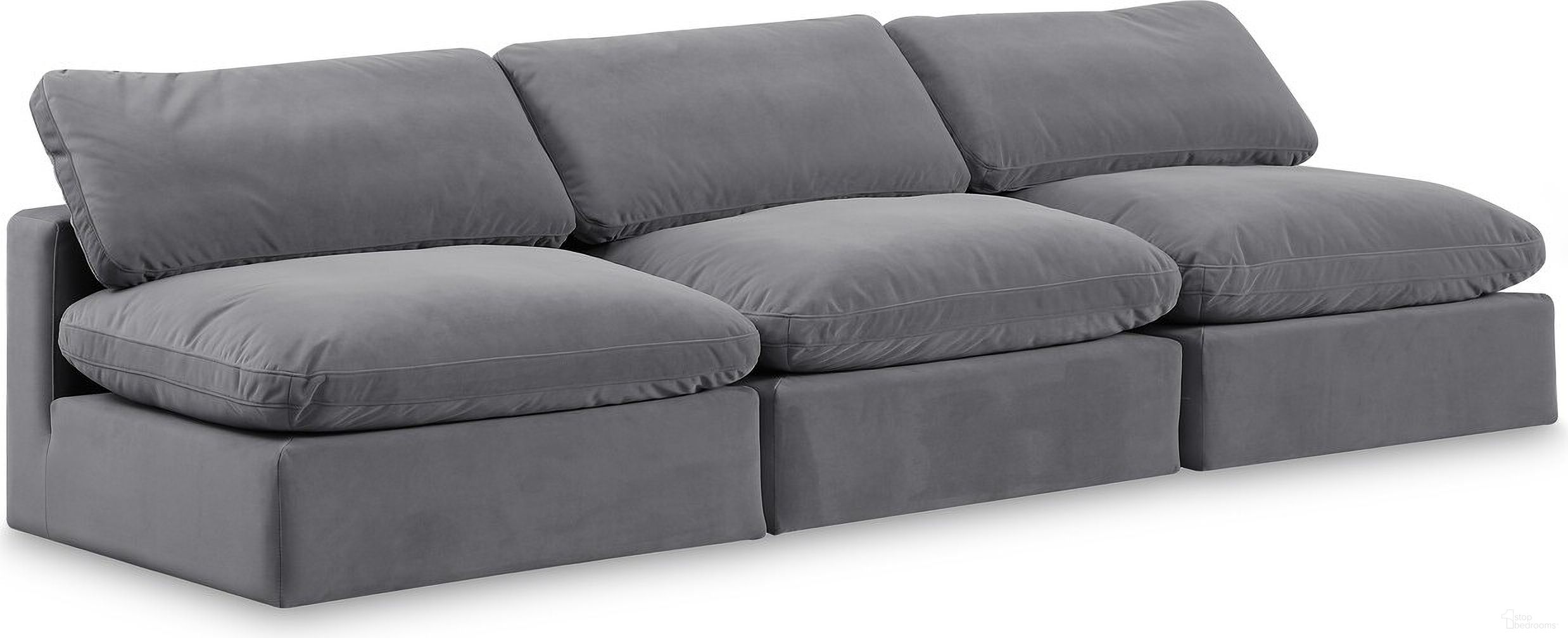 The appearance of Comfy Velvet 3 Seater Modular Sofa In Grey designed by Meridian in the modern / contemporary interior design. This grey piece of furniture was selected by 1StopBedrooms from Comfy Collection to add a touch of cosiness and style into your home. Sku: 189Grey-Armless;189Grey-Armless;189Grey-Armless. Material: Velvet.