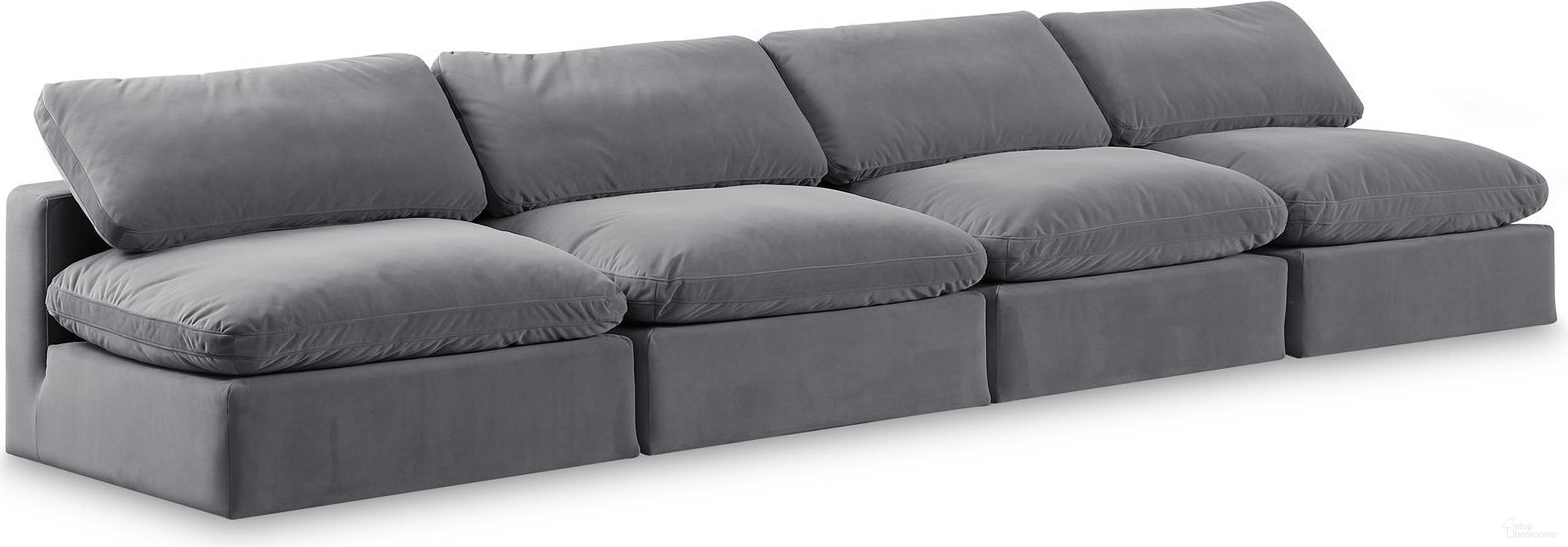 The appearance of Comfy Velvet 4 Seater Modular Sofa In Grey designed by Meridian in the modern / contemporary interior design. This grey piece of furniture was selected by 1StopBedrooms from Comfy Collection to add a touch of cosiness and style into your home. Sku: 189Grey-Armless;189Grey-Armless;189Grey-Armless;189Grey-Armless. Material: Velvet.