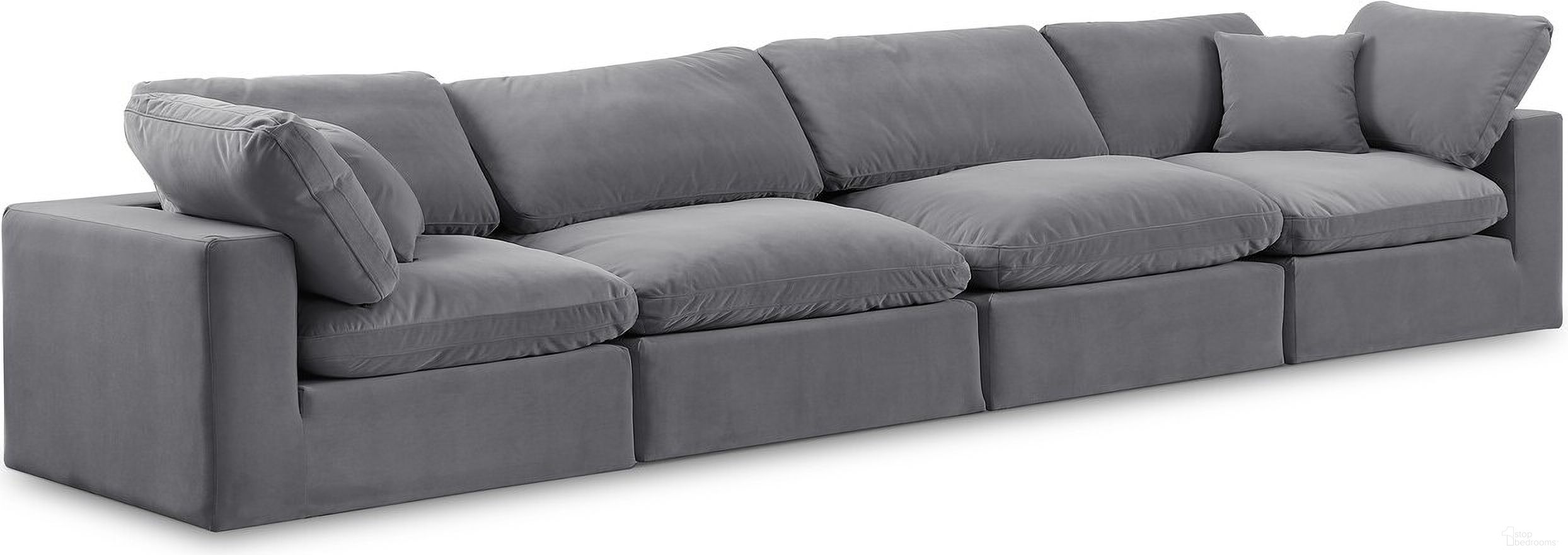 The appearance of Comfy Velvet 4 Seater Modular Sofa with Arm Support In Grey designed by Meridian in the modern / contemporary interior design. This grey piece of furniture  was selected by 1StopBedrooms from Comfy Collection to add a touch of cosiness and style into your home. Sku: 189Grey-Armless;189Grey-Armless;189Grey-Corner;189Grey-Corner. Material: Velvet.