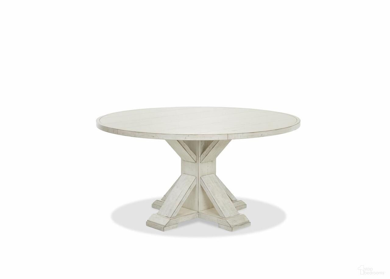 The appearance of Coming Home Get Together Round Dining Table In Chalk designed by Legacy Classic in the country / farmhouse interior design. This chalk piece of furniture  was selected by 1StopBedrooms from Coming Home Collection to add a touch of cosiness and style into your home. Sku: TY926-030T;TY926-030B. Table Base Style: Pedestal. Table Top Shape: Round. Size: 60". Material: Oak Veneer.