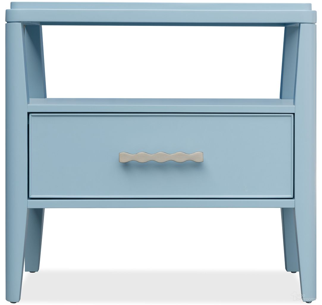 The appearance of Commerce and Market Sola One-Drawer Nightstand In Blue designed by Hooker in the transitional interior design. This blue piece of furniture  was selected by 1StopBedrooms from Commerce and Market Collection to add a touch of cosiness and style into your home. Sku: 7228-90011-45. Material: Oak Veneer.