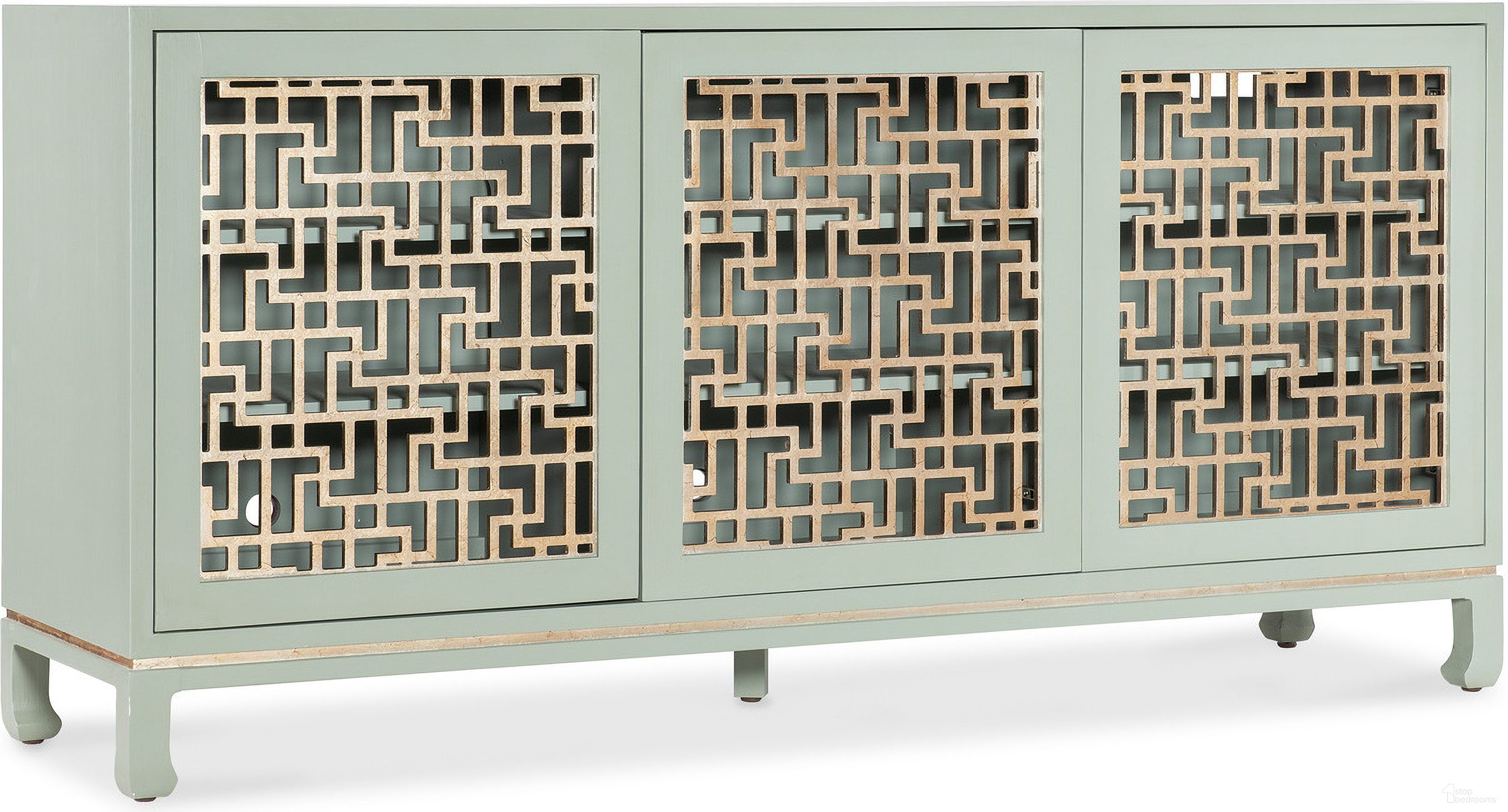 The appearance of Commerce and Market Trellis Entertainment Credenza In Green designed by Hooker in the transitional interior design. This green piece of furniture  was selected by 1StopBedrooms from Commerce and Market Collection to add a touch of cosiness and style into your home. Sku: 7228-55036-35. Material: Maple.