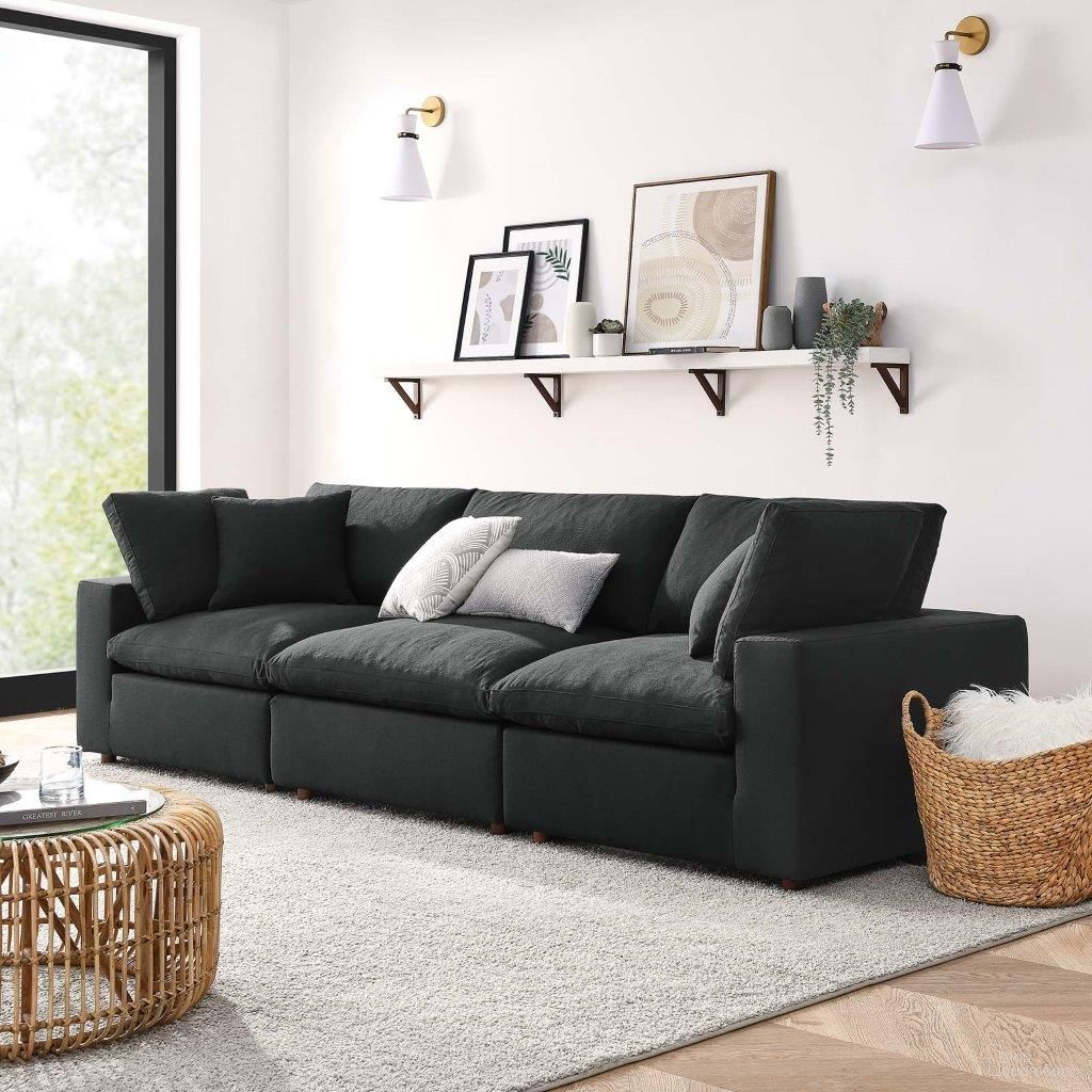 The appearance of Commix Down Filled Overstuffed 3 Piece Sectional Sofa Set In Black designed by Modway in the modern / contemporary interior design. This black piece of furniture  was selected by 1StopBedrooms from Commix Collection to add a touch of cosiness and style into your home. Sku: EEI-3270-BLK-U;EEI-3319-BLK-U;EEI-3319-BLK-U. Material: Polyester. Layout: Modular.