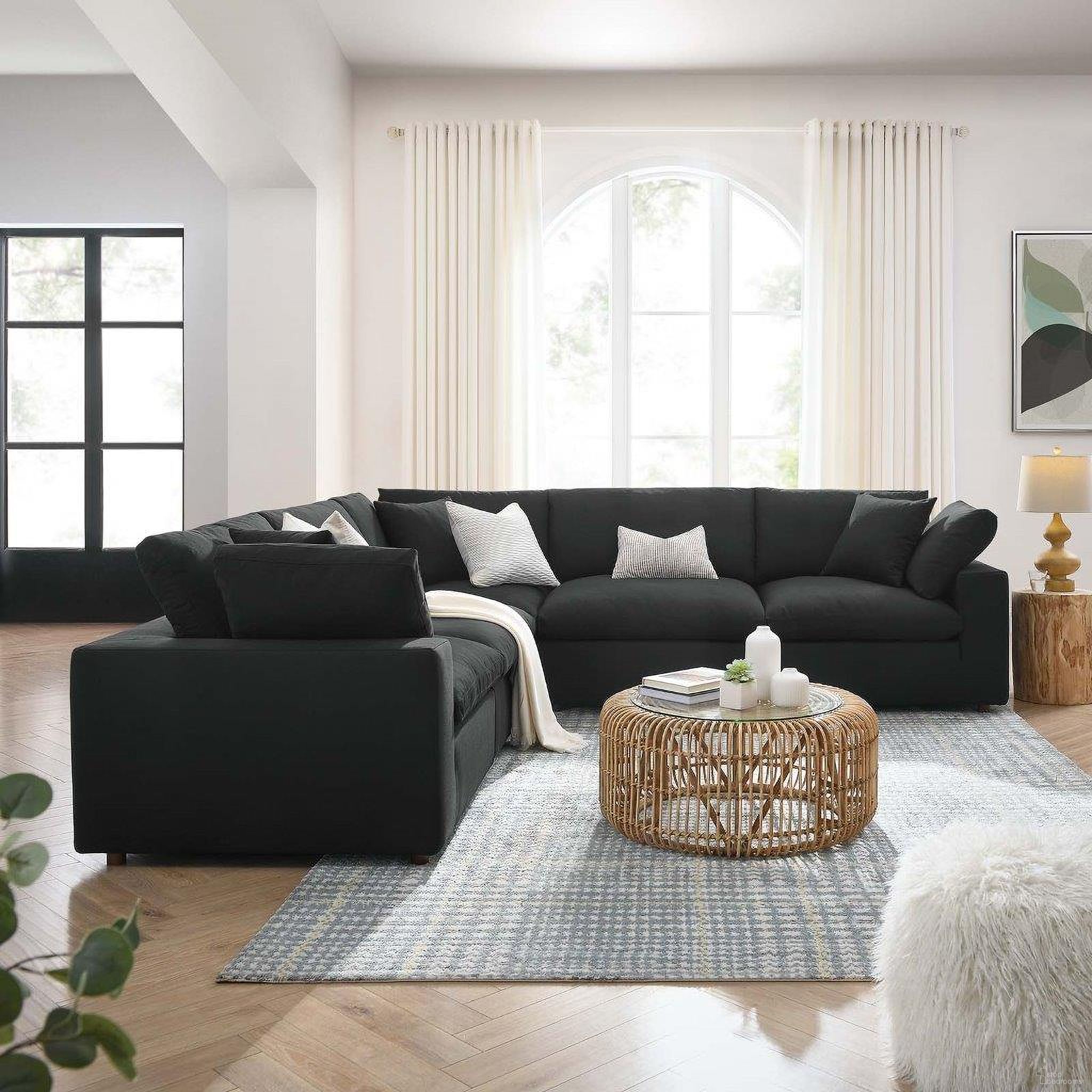 The appearance of Commix Down Filled Overstuffed 5 Piece 5-Piece Sectional Sofa In Black designed by Modway in the modern / contemporary interior design. This black piece of furniture  was selected by 1StopBedrooms from Commix Collection to add a touch of cosiness and style into your home. Sku: EEI-3270-BLK-U;EEI-3319-BLK-U;EEI-3270-BLK-U;EEI-3319-BLK-U;EEI-3319-BLK-U. Material: Polyester. Layout: L-Shape.
