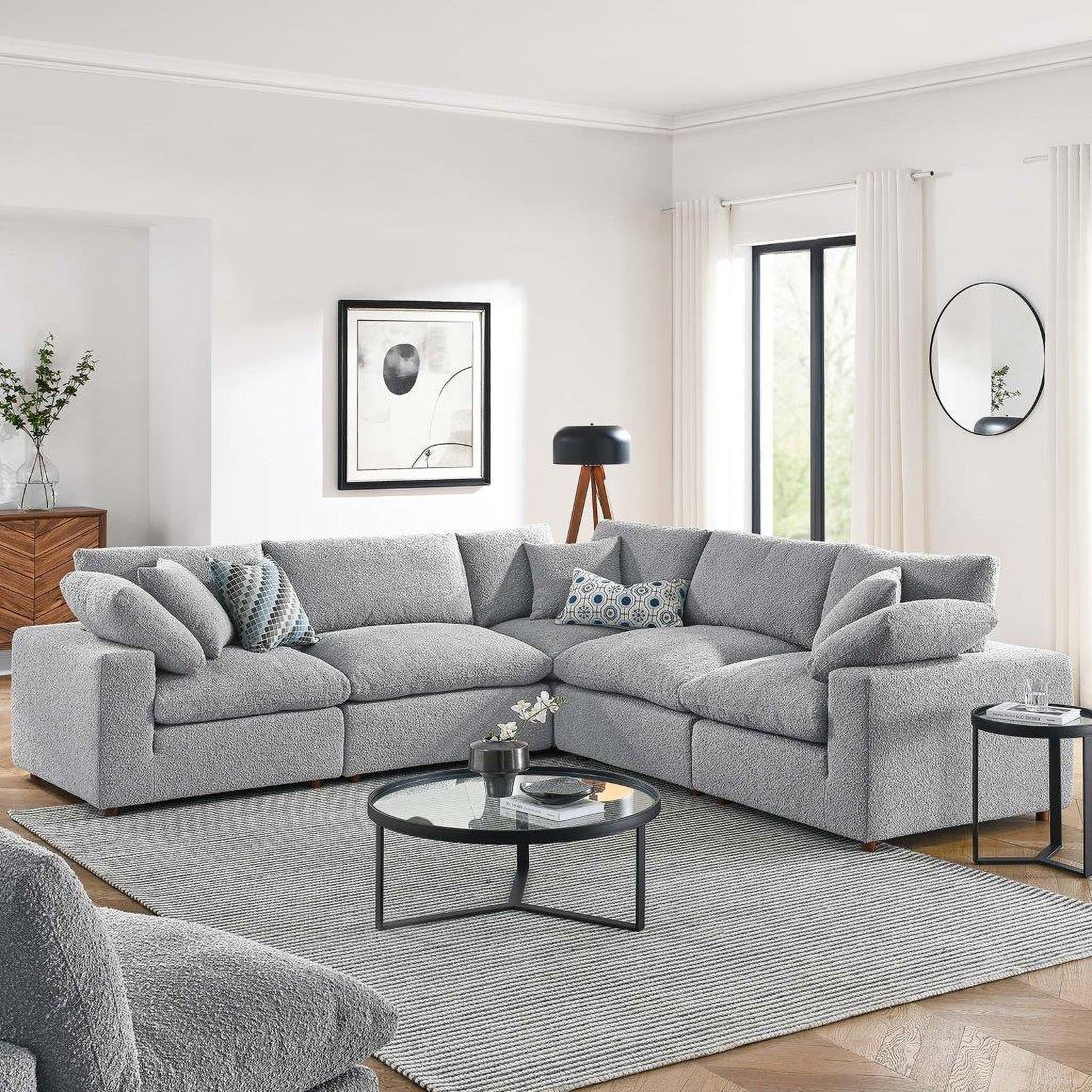 The appearance of Commix Down Filled Overstuffed Boucle 5 Piece Sectional Sofa In Light Gray designed by Modway in the modern / contemporary interior design. This light gray piece of furniture was selected by 1StopBedrooms from Commix Collection to add a touch of cosiness and style into your home. Sku: EEI-6257-LGR;EEI-6257-LGR;EEI-6259-LGR;EEI-6259-LGR;EEI-6259-LGR. Layout: L-Shape. Material: Boucle.