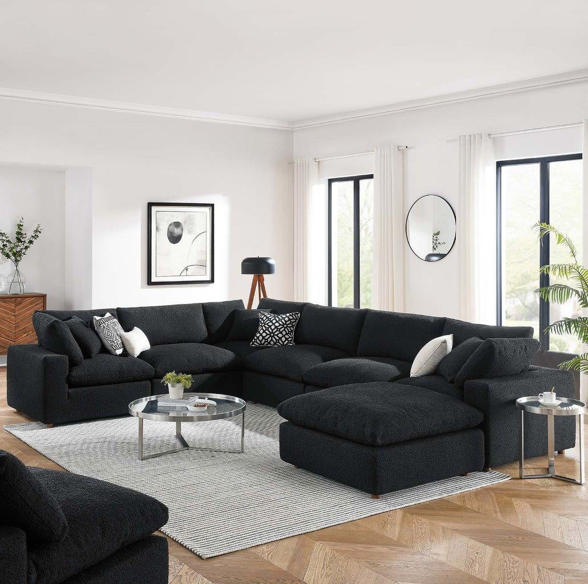 Commix Down Filled Overstuffed Boucle 7 Piece Sectional Sofa In Black