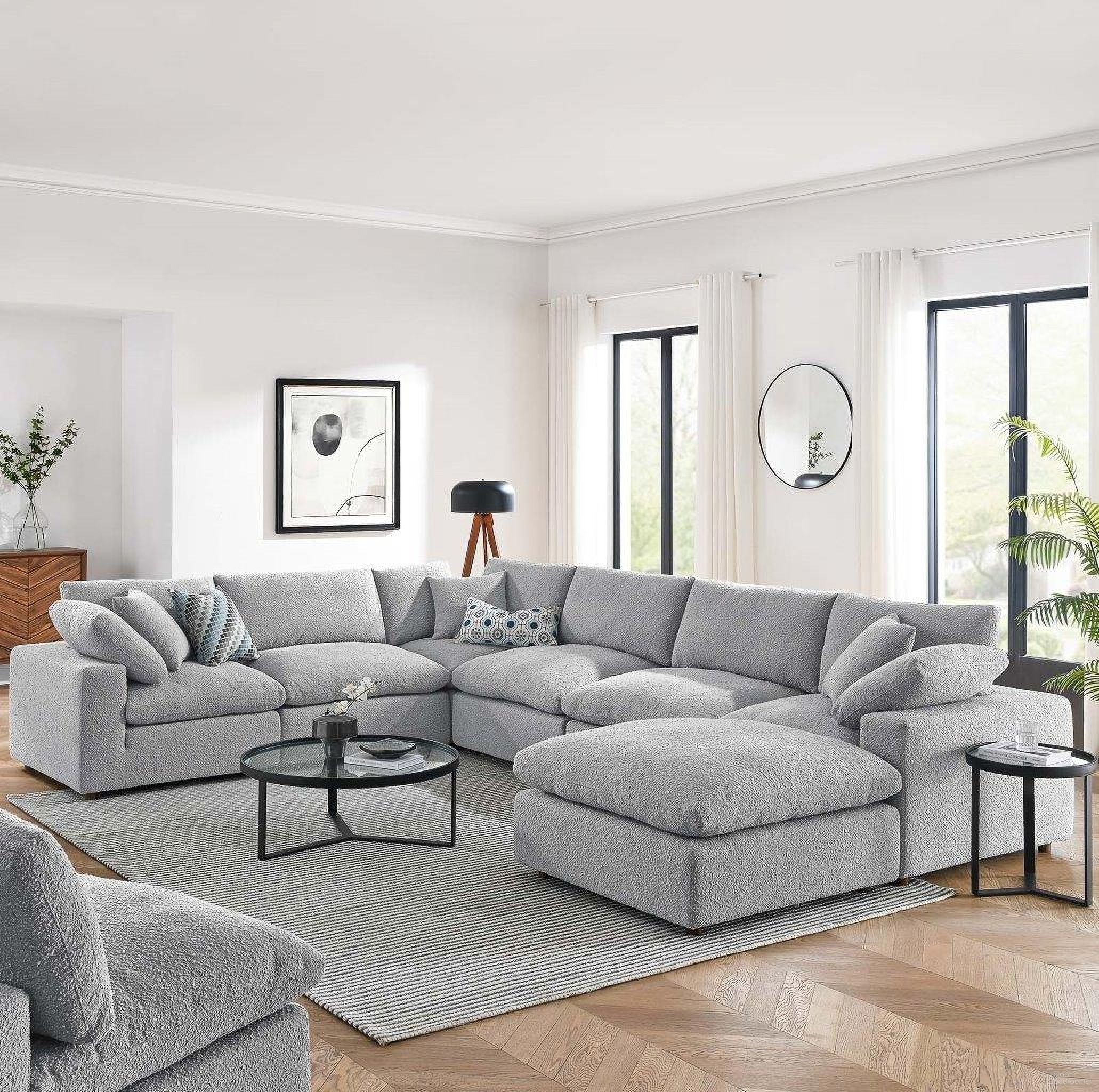 The appearance of Commix Down Filled Overstuffed Boucle 7 Piece Sectional Sofa In Light Gray designed by Modway in the modern / contemporary interior design. This light gray piece of furniture  was selected by 1StopBedrooms from Commix Collection to add a touch of cosiness and style into your home. Sku: EEI-6257-LGR;EEI-6257-LGR;EEI-6257-LGR;EEI-6258-LGR;EEI-6259-LGR;EEI-6259-LGR;EEI-6259-LGR. Layout: U-Shape. Material: Boucle.