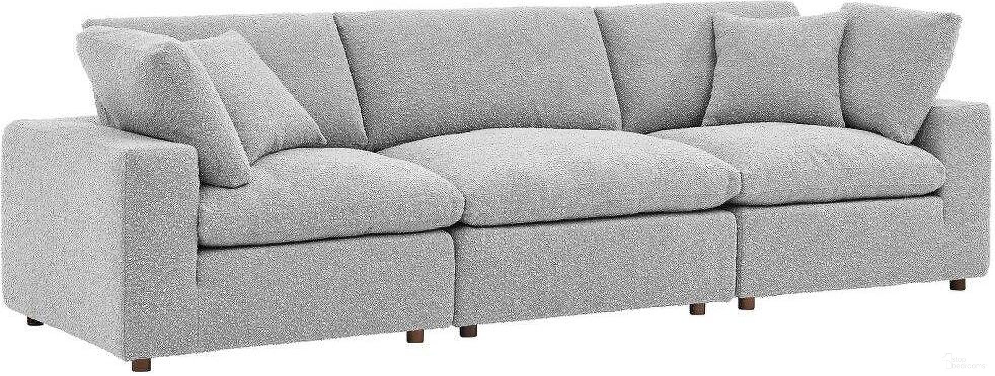 The appearance of Commix Down Filled Overstuffed Boucle Fabric 3 Seater Sofa In Light Gray designed by Modway in the modern / contemporary interior design. This light gray piece of furniture was selected by 1StopBedrooms from Commix Collection to add a touch of cosiness and style into your home. Sku: EEI-6257-LGR;EEI-6259-LGR;EEI-6259-LGR. Material: Boucle.