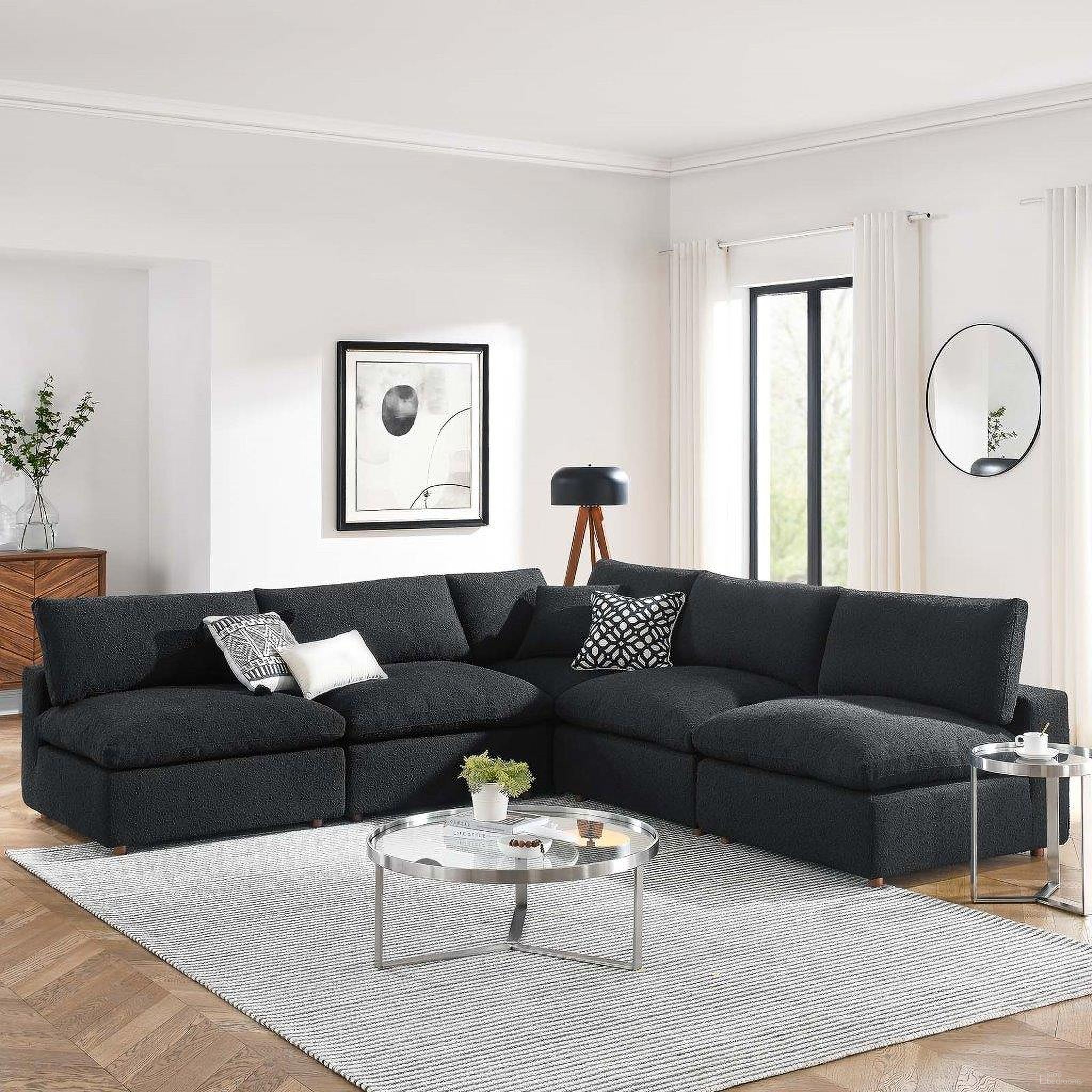 Commix Down Filled Overstuffed Boucle Fabric 5 Piece Sectional Sofa In Black EEI-6367-BLK