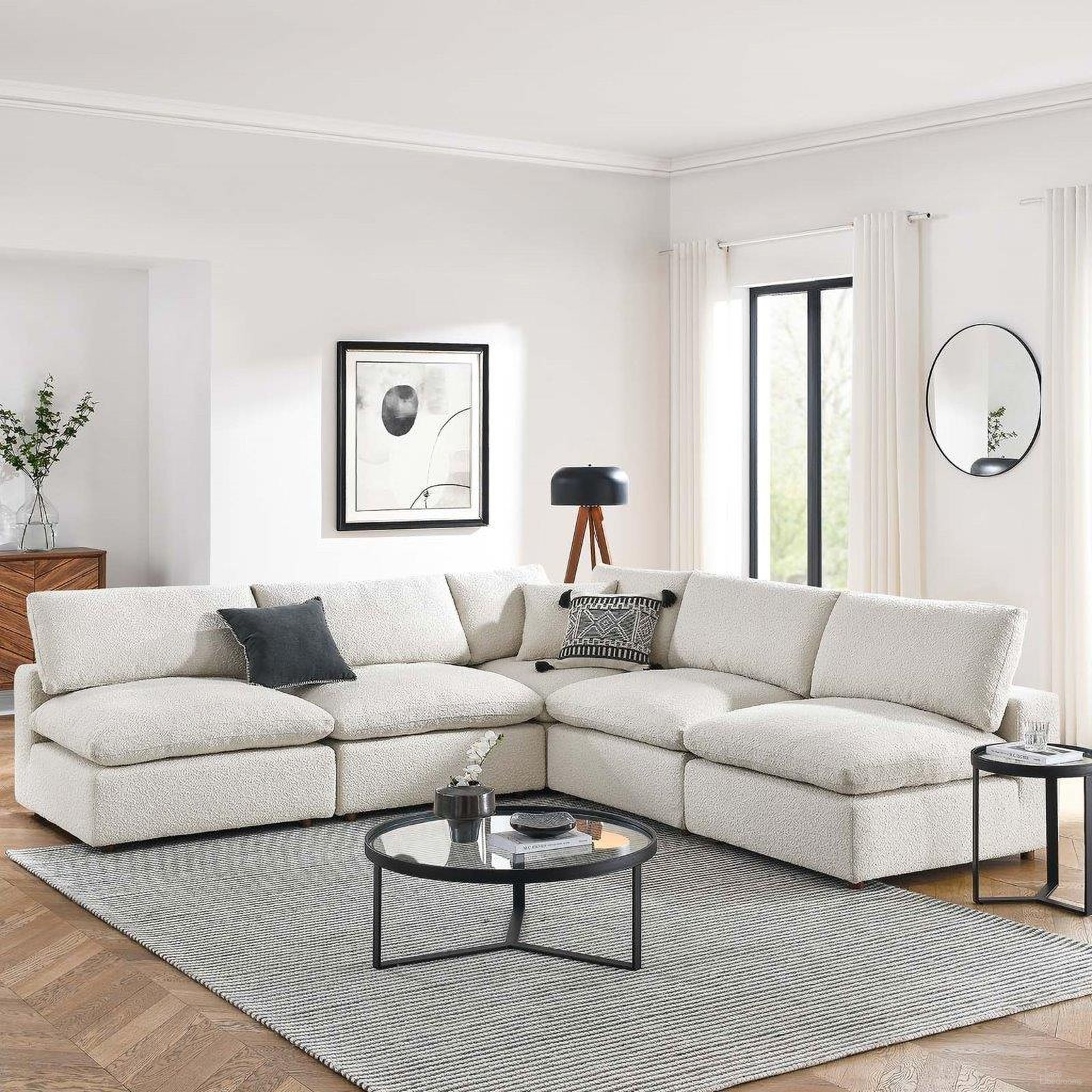Commix Down Filled Overstuffed Boucle Fabric 5 Piece Sectional Sofa In Ivory EEI-6367-IVO