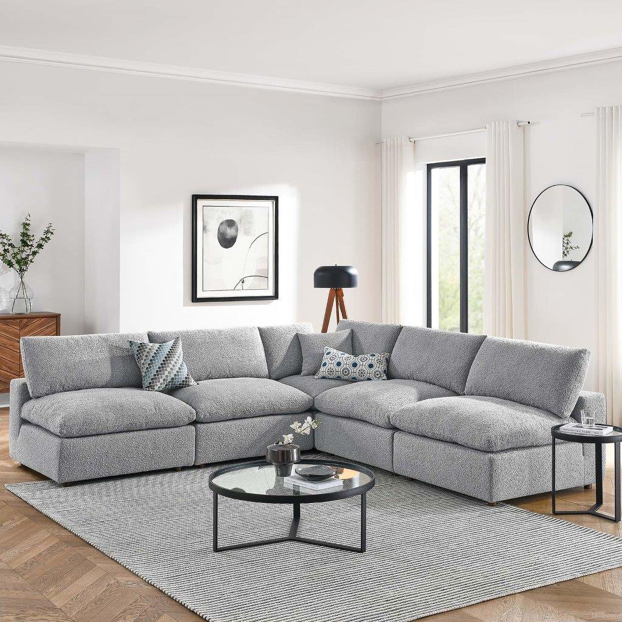 The appearance of Commix Down Filled Overstuffed Boucle Fabric 5 Piece Sectional Sofa In Light Gray EEI-6367-LGR designed by Modway in the modern / contemporary interior design. This light gray piece of furniture was selected by 1StopBedrooms from Commix Collection to add a touch of cosiness and style into your home. Sku: EEI-6257-LGR;EEI-6257-LGR;EEI-6257-LGR;EEI-6257-LGR;EEI-6259-LGR. Layout: Sofa & Chaise. Material: Boucle.