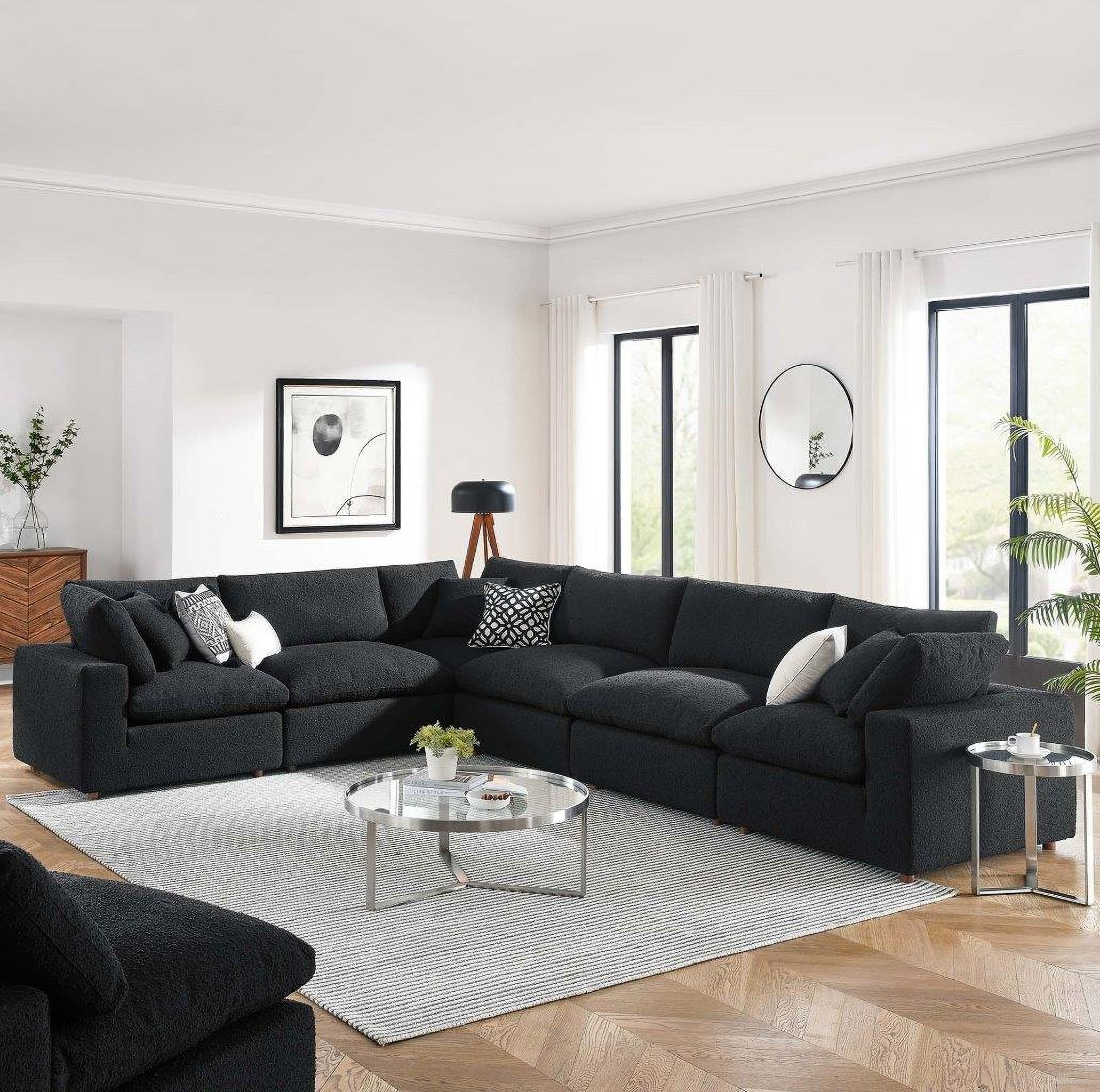 Commix Down Filled Overstuffed Boucle Fabric 6 Piece Sectional Sofa In Black EEI-6369-BLK