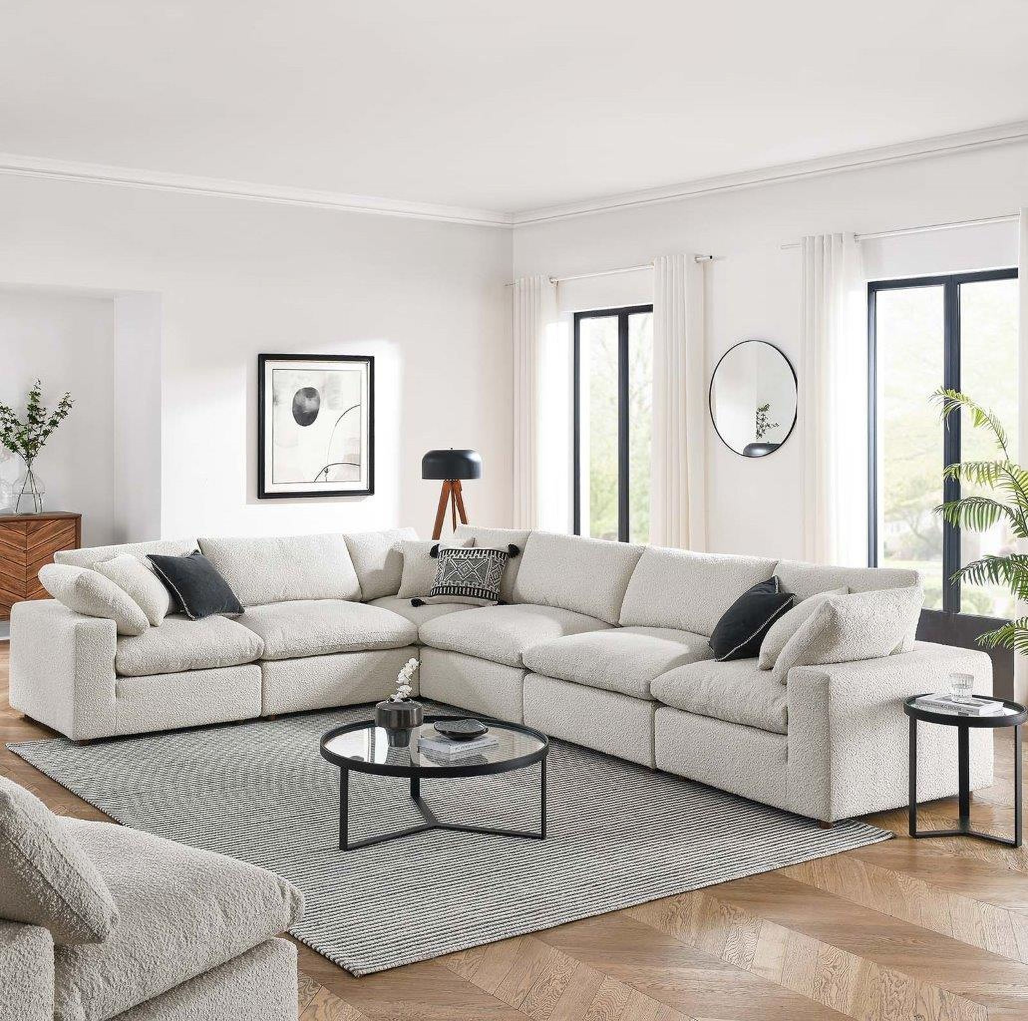 Commix Down Filled Overstuffed Boucle Fabric 6 Piece Sectional Sofa In Ivory EEI-6369-IVO