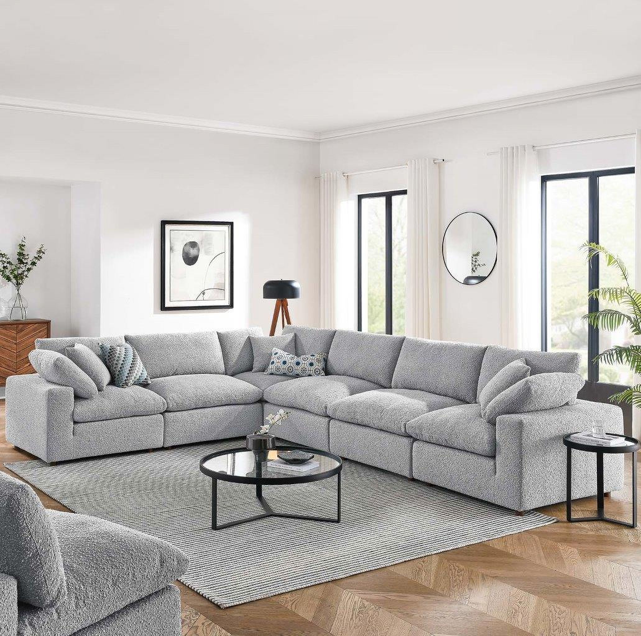 The appearance of Commix Down Filled Overstuffed Boucle Fabric 6 Piece Sectional Sofa In Light Gray EEI-6369-LGR designed by Modway in the modern / contemporary interior design. This light gray piece of furniture was selected by 1StopBedrooms from Commix Collection to add a touch of cosiness and style into your home. Sku: EEI-6257-LGR;EEI-6257-LGR;EEI-6257-LGR;EEI-6259-LGR;EEI-6259-LGR;EEI-6259-LGR. Layout: L-Shape. Material: Boucle.