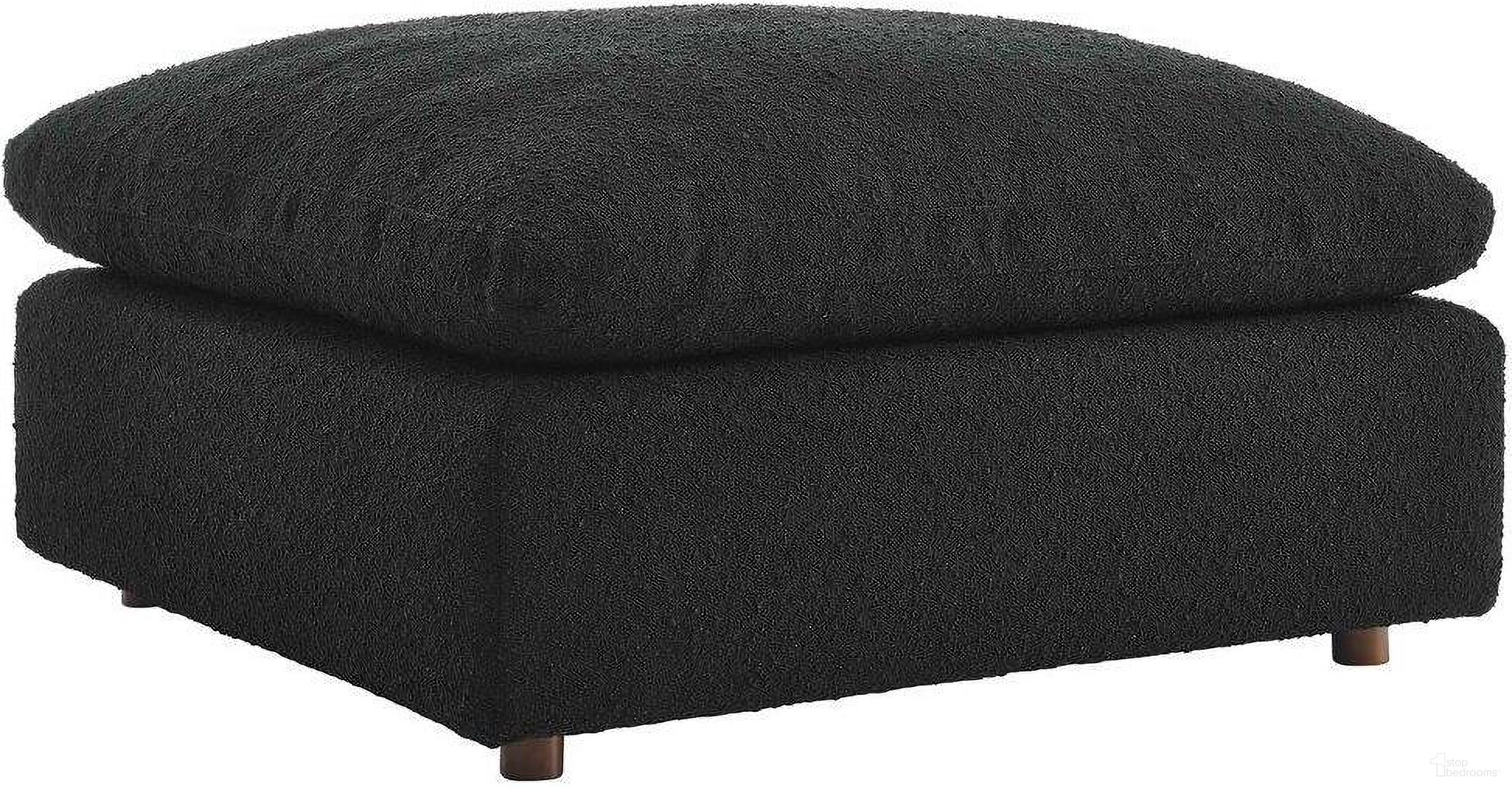 The appearance of Commix Down Filled Overstuffed Boucle Fabric Ottoman In Black designed by Modway in the modern / contemporary interior design. This black piece of furniture  was selected by 1StopBedrooms from Commix Collection to add a touch of cosiness and style into your home. Sku: EEI-6258-BLK. Material: Boucle.