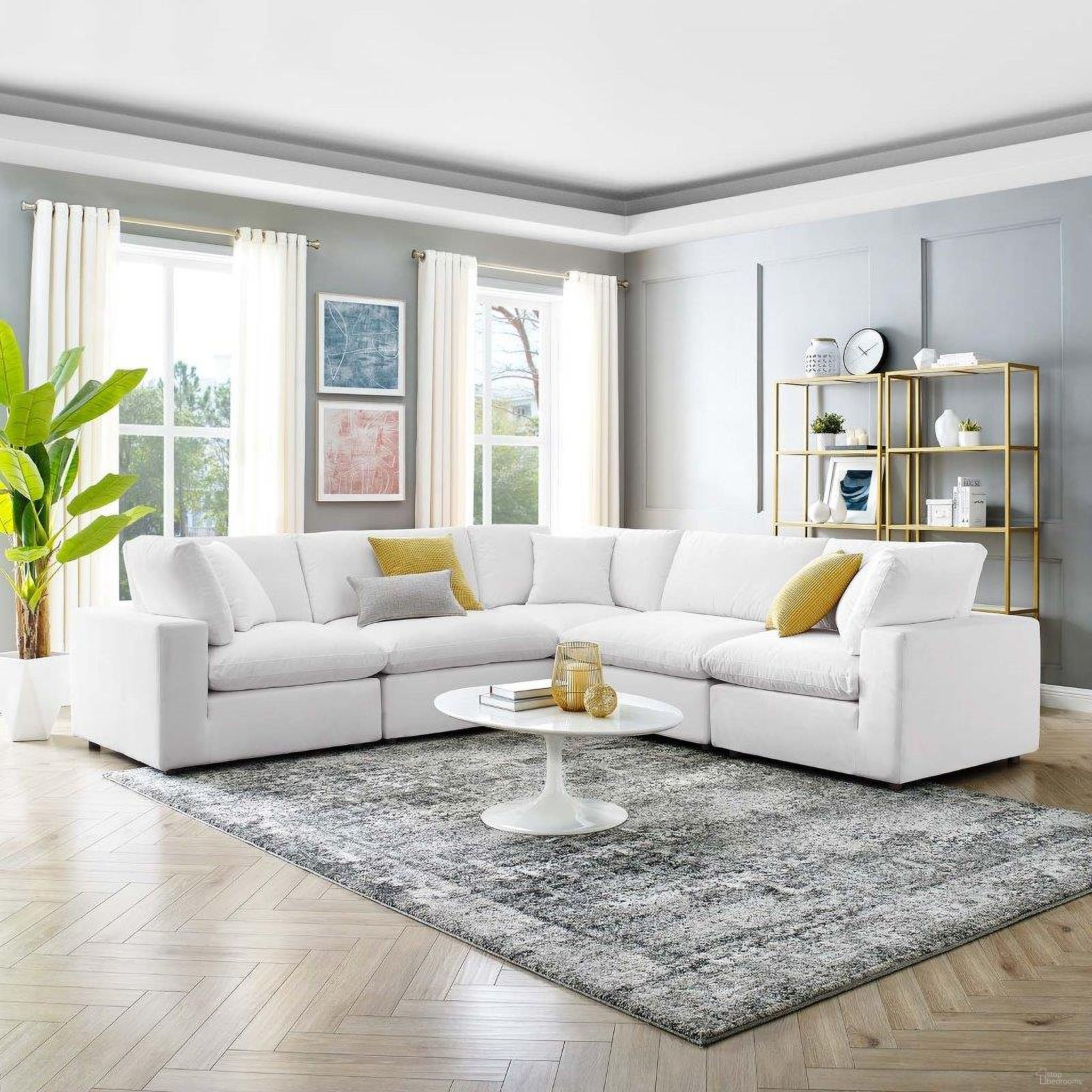 The appearance of Commix Down Filled Overstuffed Performance Velvet 5-Piece Sectional Sofa EEI-4823-WHI designed by Modway in the modern / contemporary interior design. This white piece of furniture was selected by 1StopBedrooms from Commix Collection to add a touch of cosiness and style into your home. Sku: EEI-4366-WHI;EEI-4366-WHI;EEI-4366-WHI;EEI-4367-WHI;EEI-4367-WHI. Material: Velvet. Layout: L-Shape.