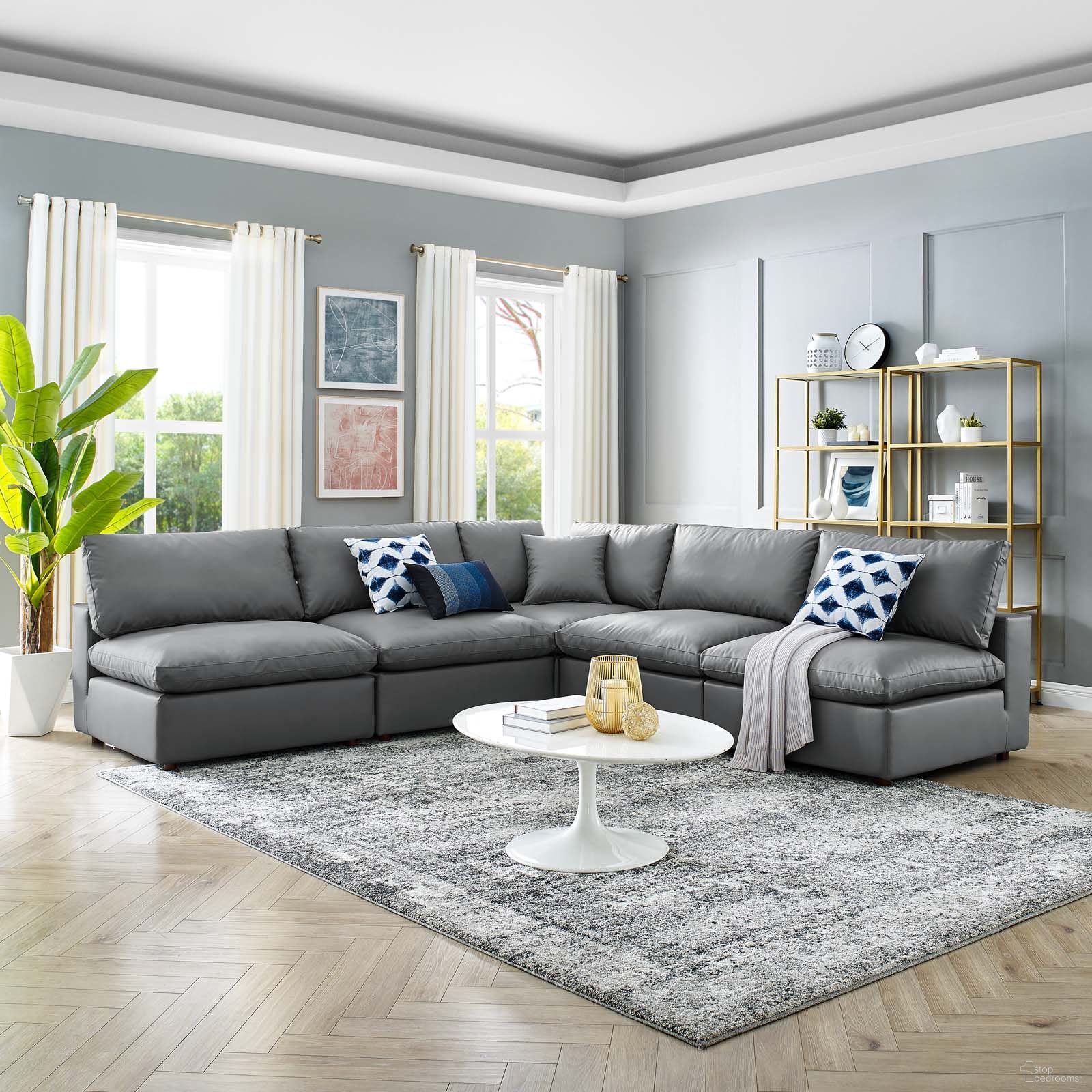 The appearance of Commix Down Filled Overstuffed Vegan Leather 5-Piece Sectional Sofa EEI-4919-GRY designed by Modway in the modern / contemporary interior design. This gray piece of furniture was selected by 1StopBedrooms from Commix Collection to add a touch of cosiness and style into your home. Sku: EEI-4694-GRY;EEI-4694-GRY;EEI-4694-GRY;EEI-4694-GRY;EEI-4696-GRY. Material: Leather. Layout: L-Shape.