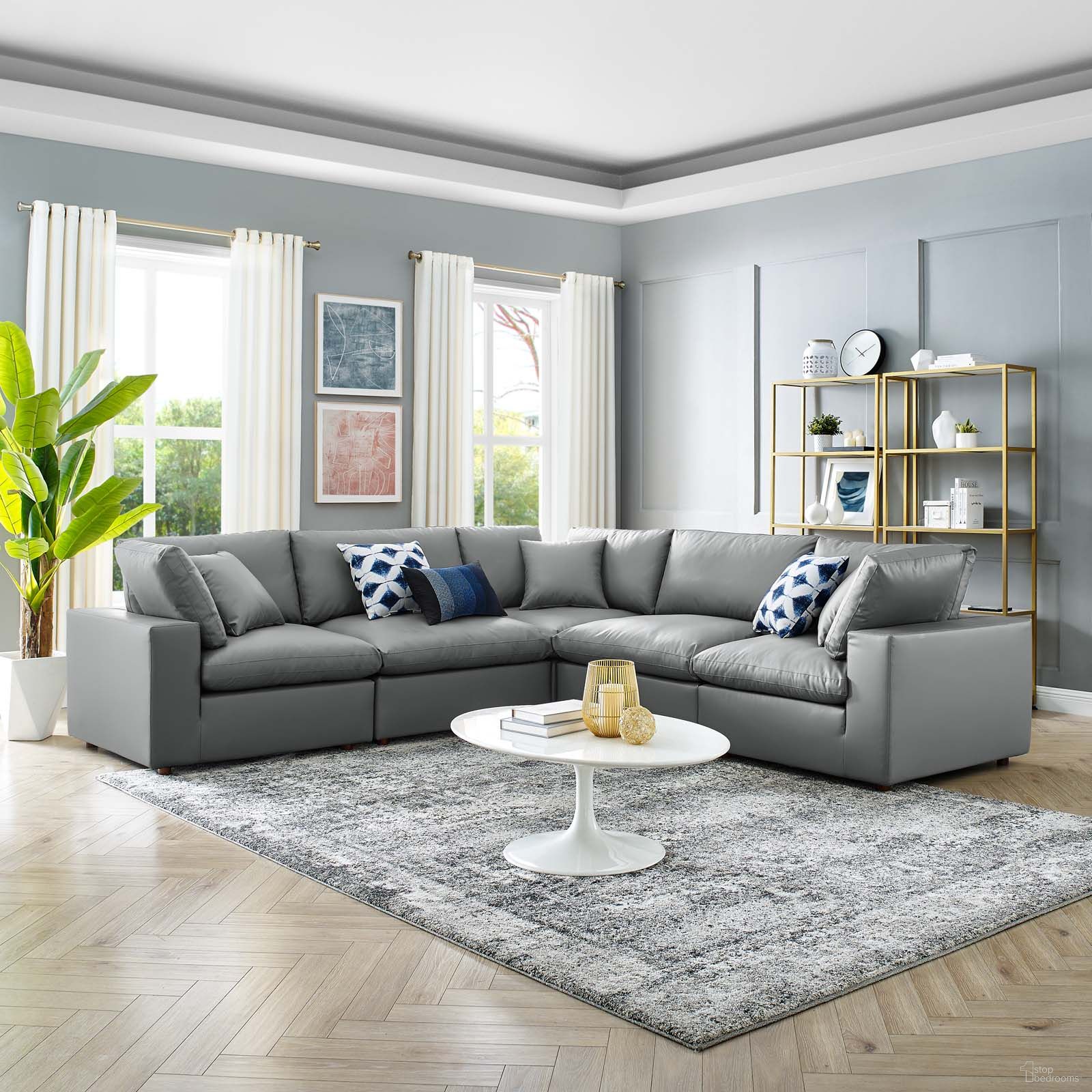 The appearance of Commix Down Filled Overstuffed Vegan Leather 5-Piece Sectional Sofa EEI-4920-GRY designed by Modway in the modern / contemporary interior design. This gray piece of furniture  was selected by 1StopBedrooms from Commix Collection to add a touch of cosiness and style into your home. Sku: EEI-4694-GRY;EEI-4694-GRY;EEI-4696-GRY;EEI-4696-GRY;EEI-4696-GRY. Material: Leather. Layout: L-Shape.