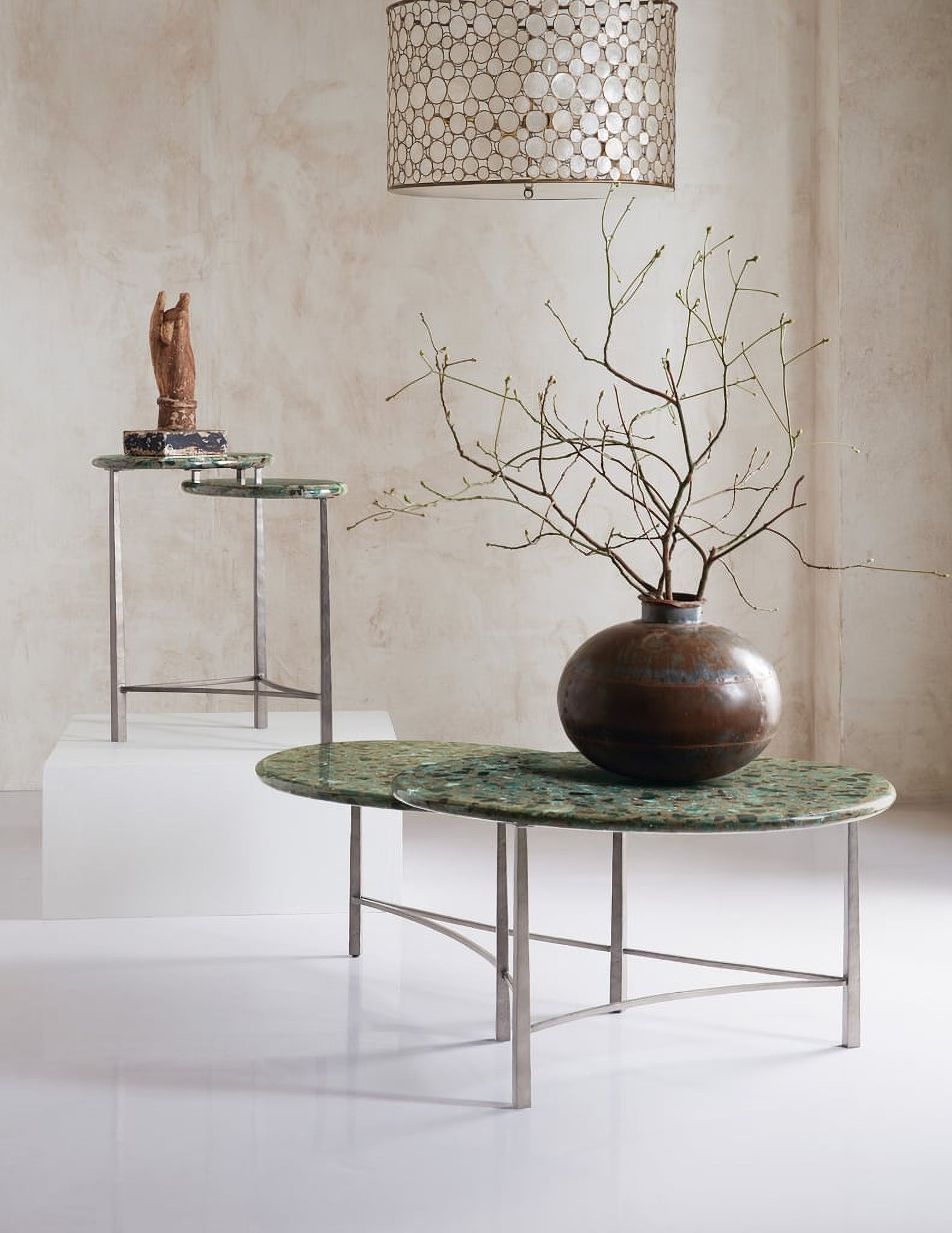 The appearance of Commerce and Market Occasional Table Set In Green designed by Hooker in the transitional interior design. This green piece of furniture was selected by 1StopBedrooms from Commerce and Market Collection to add a touch of cosiness and style into your home. Sku: 7228-80174-00;7228-80173-00. Material: Iron.