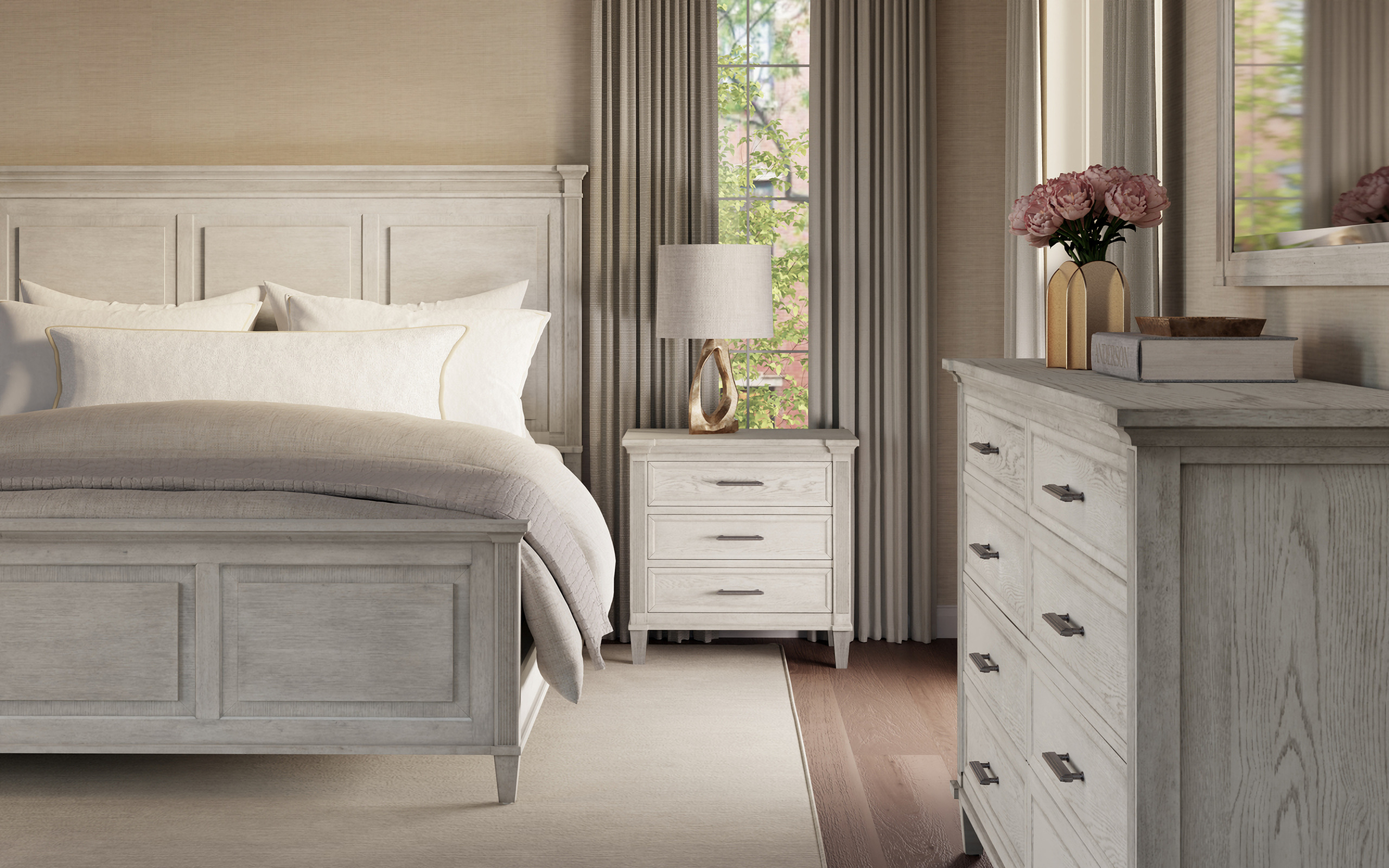 Complete King Sleigh Bed with Upholstered Headboard In White and Dinara