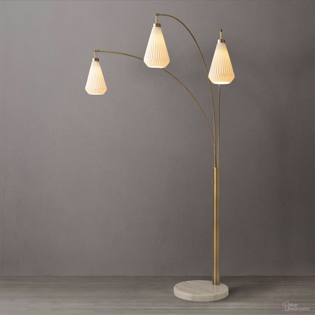 Concord Bone Porcelain 85 Inch Shade 3 Light Arc Floor Lamp In Weathered Brass and Walnut