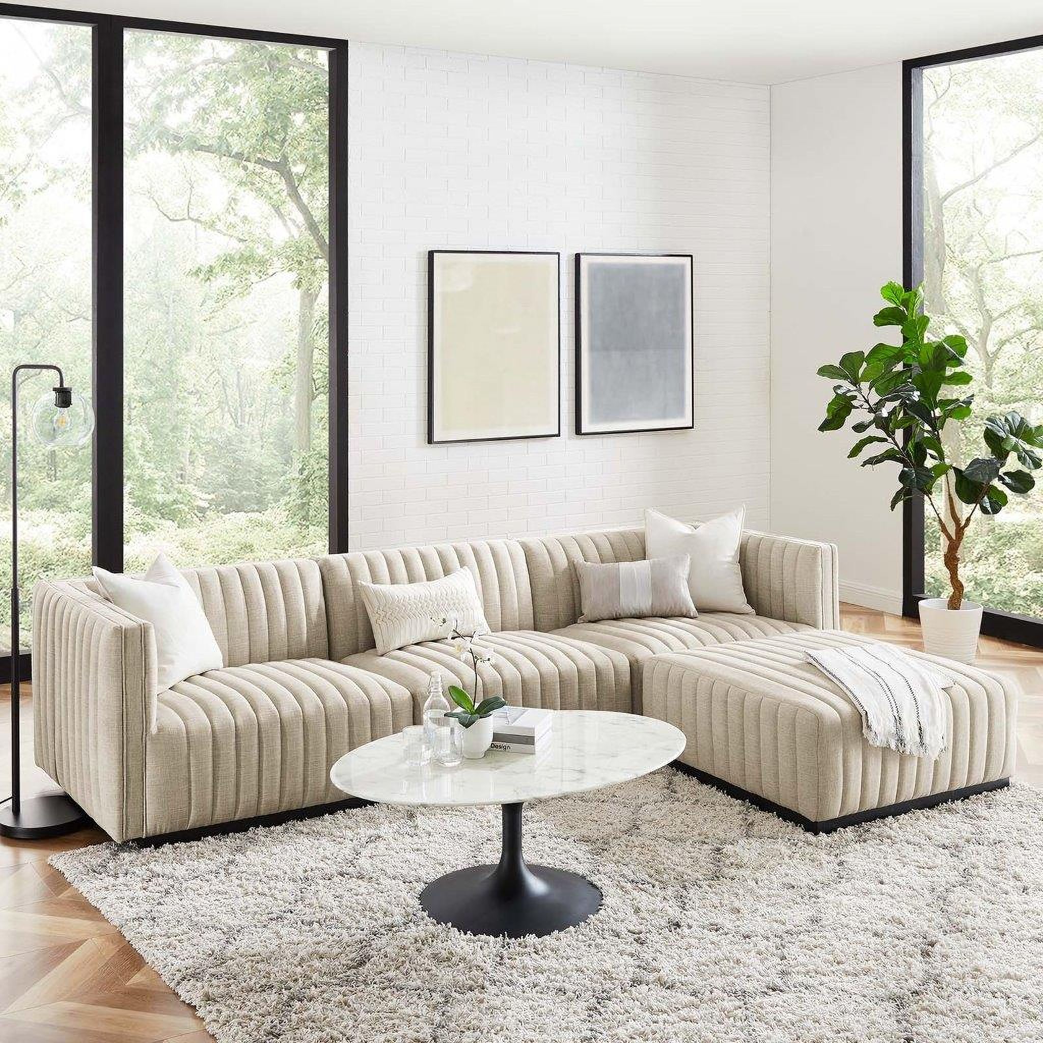 The appearance of Conjure Black Beige Channel Tufted Upholstered Fabric 4-Piece Sectional Sofa designed by Modway in the modern / contemporary interior design. This black and beige piece of furniture was selected by 1StopBedrooms from Conjure Collection to add a touch of cosiness and style into your home. Sku: EEI-5491-BLK-BEI;EEI-5493-BLK-BEI;EEI-5495-BLK-BEI;EEI-5501-BLK-BEI. Material: Plywood. Layout: Sofa & Chaise.