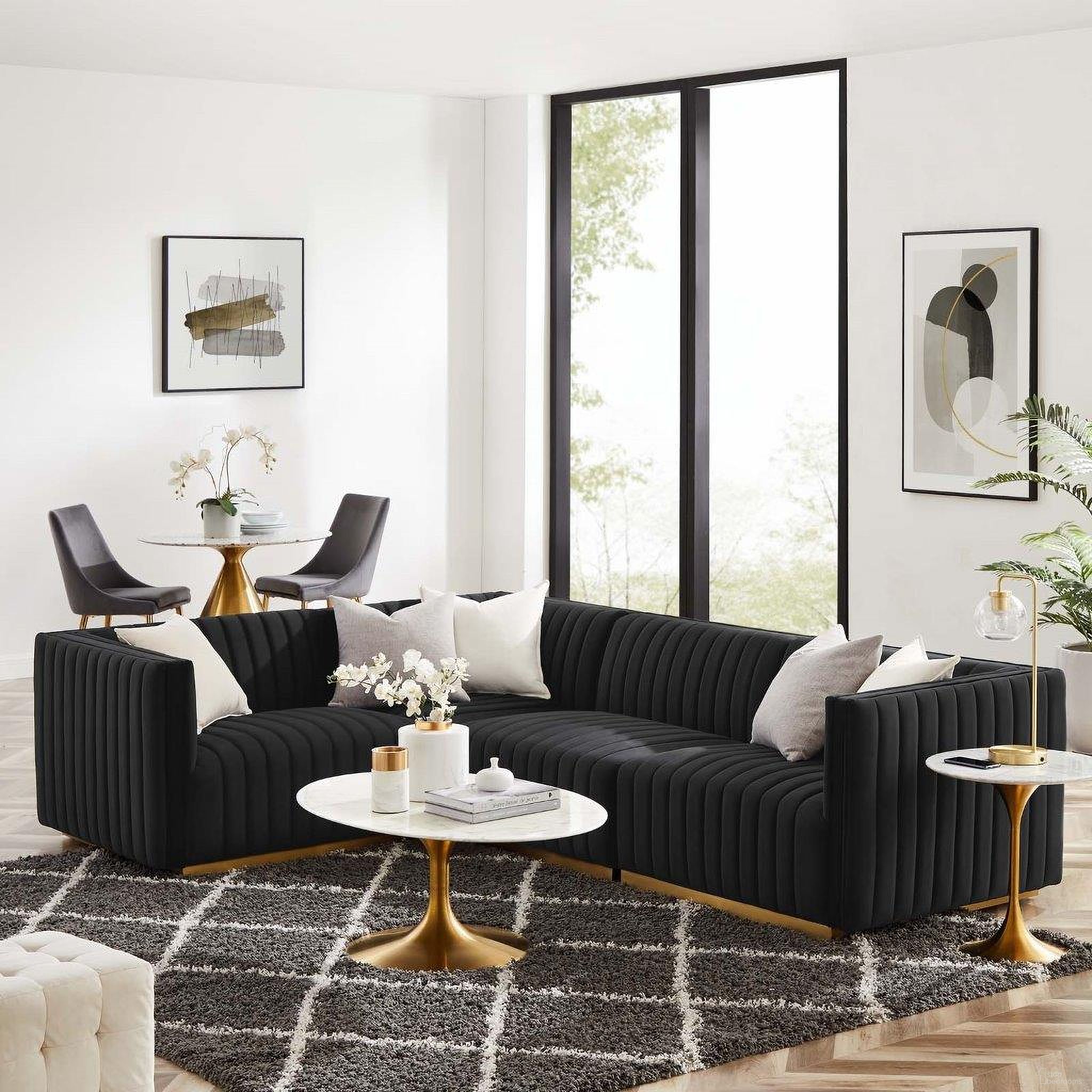 The appearance of Conjure Channel Tufted Performance Velvet 4 Piece Sectional In Gold Black EEI-5847-GLD-BLK designed by Modway in the modern / contemporary interior design. This black and gold piece of furniture was selected by 1StopBedrooms from Conjure Collection to add a touch of cosiness and style into your home. Sku: EEI-5502-GLD-BLK;EEI-5503-GLD-BLK;EEI-5504-GLD-BLK;EEI-5505-GLD-BLK. Material: Velvet. Layout: L-Shape.