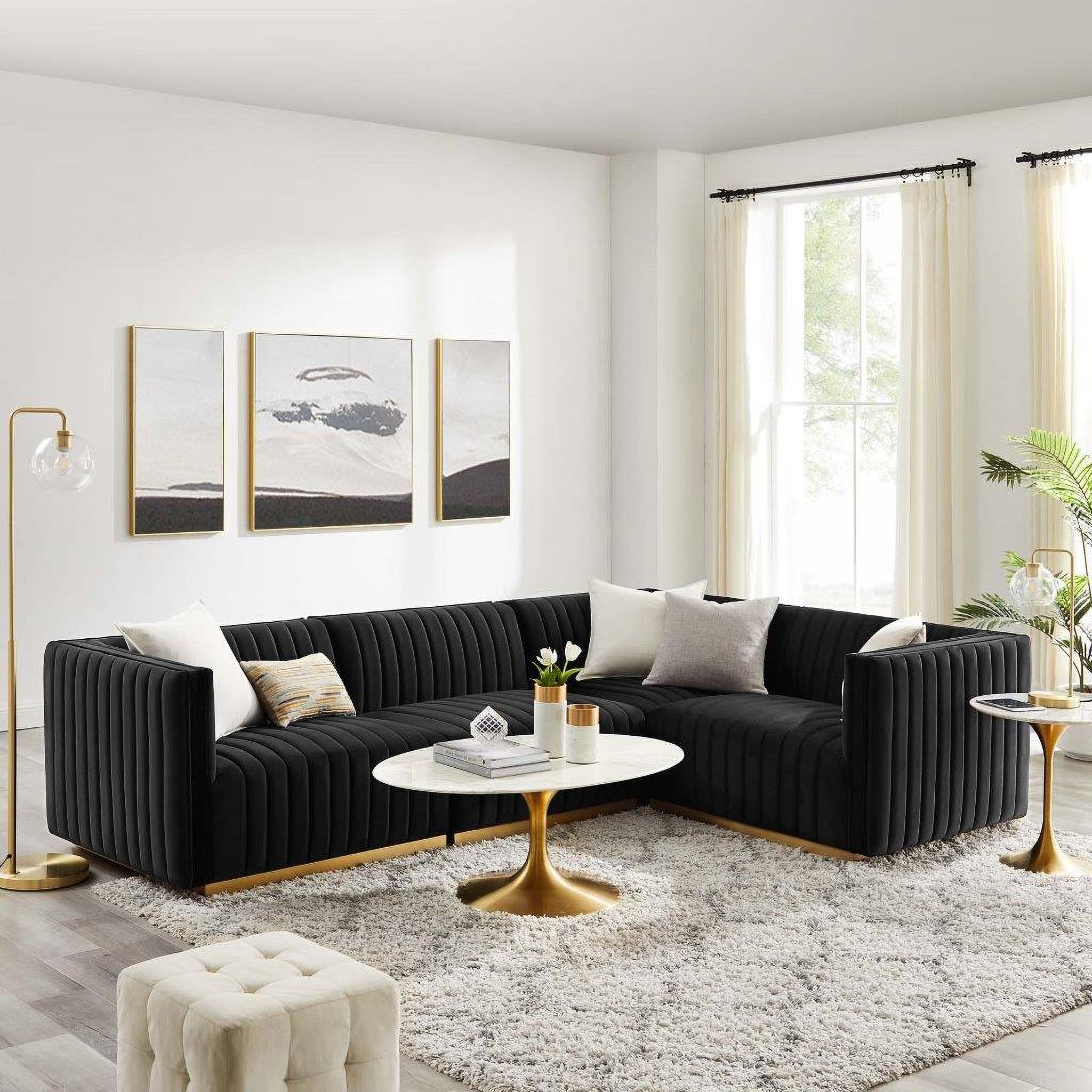 The appearance of Conjure Channel Tufted Performance Velvet 4 Piece Sectional In Gold Black EEI-5848-GLD-BLK designed by Modway in the modern / contemporary interior design. This black and gold piece of furniture was selected by 1StopBedrooms from Conjure Collection to add a touch of cosiness and style into your home. Sku: EEI-5502-GLD-BLK;EEI-5503-GLD-BLK;EEI-5504-GLD-BLK;EEI-5506-GLD-BLK. Material: Velvet. Layout: L-Shape.