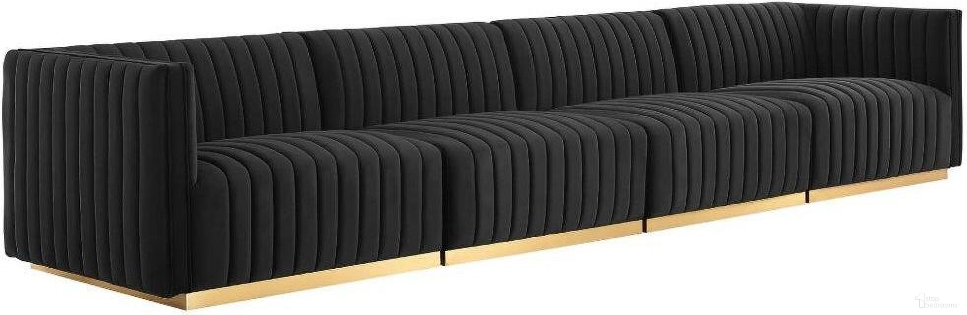 The appearance of Conjure Channel Tufted Performance Velvet 4 Piece Sofa In Gold Black designed by Modway in the modern / contemporary interior design. This gold black piece of furniture was selected by 1StopBedrooms from Conjure Collection to add a touch of cosiness and style into your home. Sku: EEI-5502-GLD-BLK;EEI-5503-GLD-BLK;EEI-5504-GLD-BLK;EEI-5504-GLD-BLK. Material: Plywood.