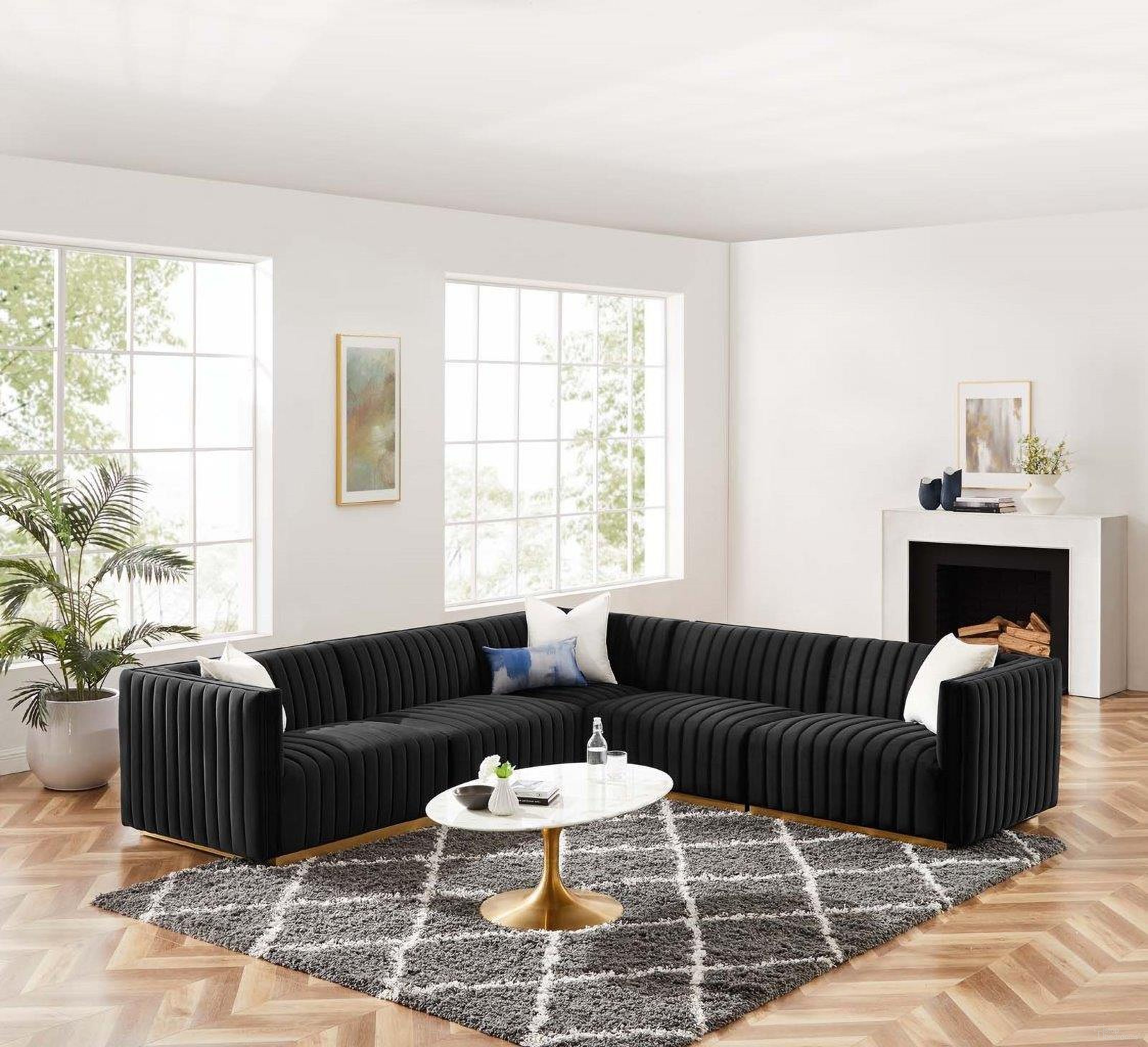 The appearance of Conjure Channel Tufted Performance Velvet 5 Piece Sectional In Gold Black EEI-5849-GLD-BLK designed by Modway in the modern / contemporary interior design. This black and gold piece of furniture was selected by 1StopBedrooms from Conjure Collection to add a touch of cosiness and style into your home. Sku: EEI-5502-GLD-BLK;EEI-5503-GLD-BLK;EEI-5504-GLD-BLK;EEI-5504-GLD-BLK;EEI-5505-GLD-BLK. Material: Velvet. Layout: L-Shape.